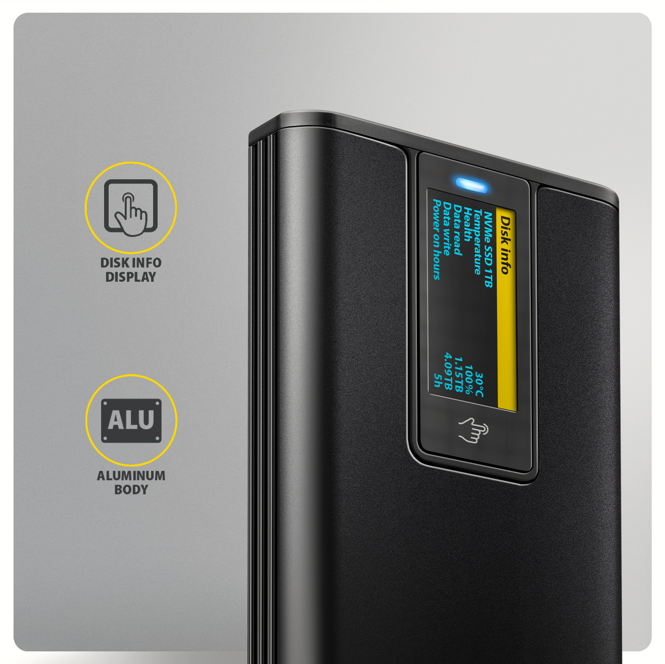 AXAGON EEM2-SD2B USB-C 10Gbps M.2 NVMe & SATA SSD Enclosure with Display, Screwless, Black