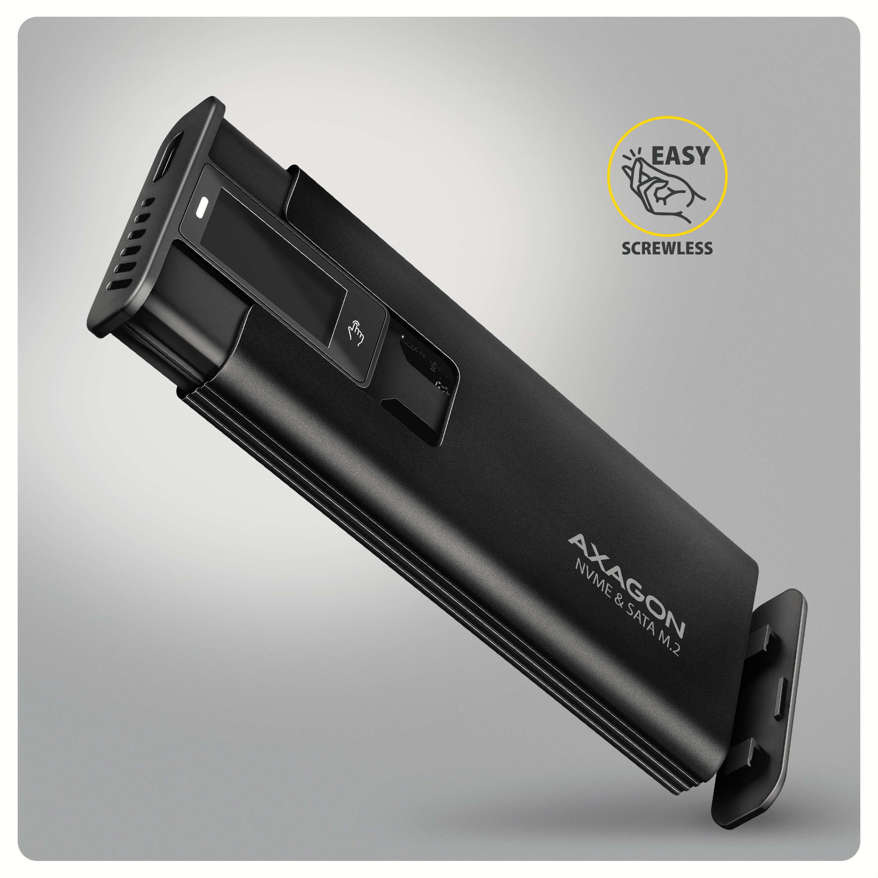 AXAGON EEM2-SD2B USB-C 10Gbps M.2 NVMe & SATA SSD Enclosure with Display, Screwless, Black