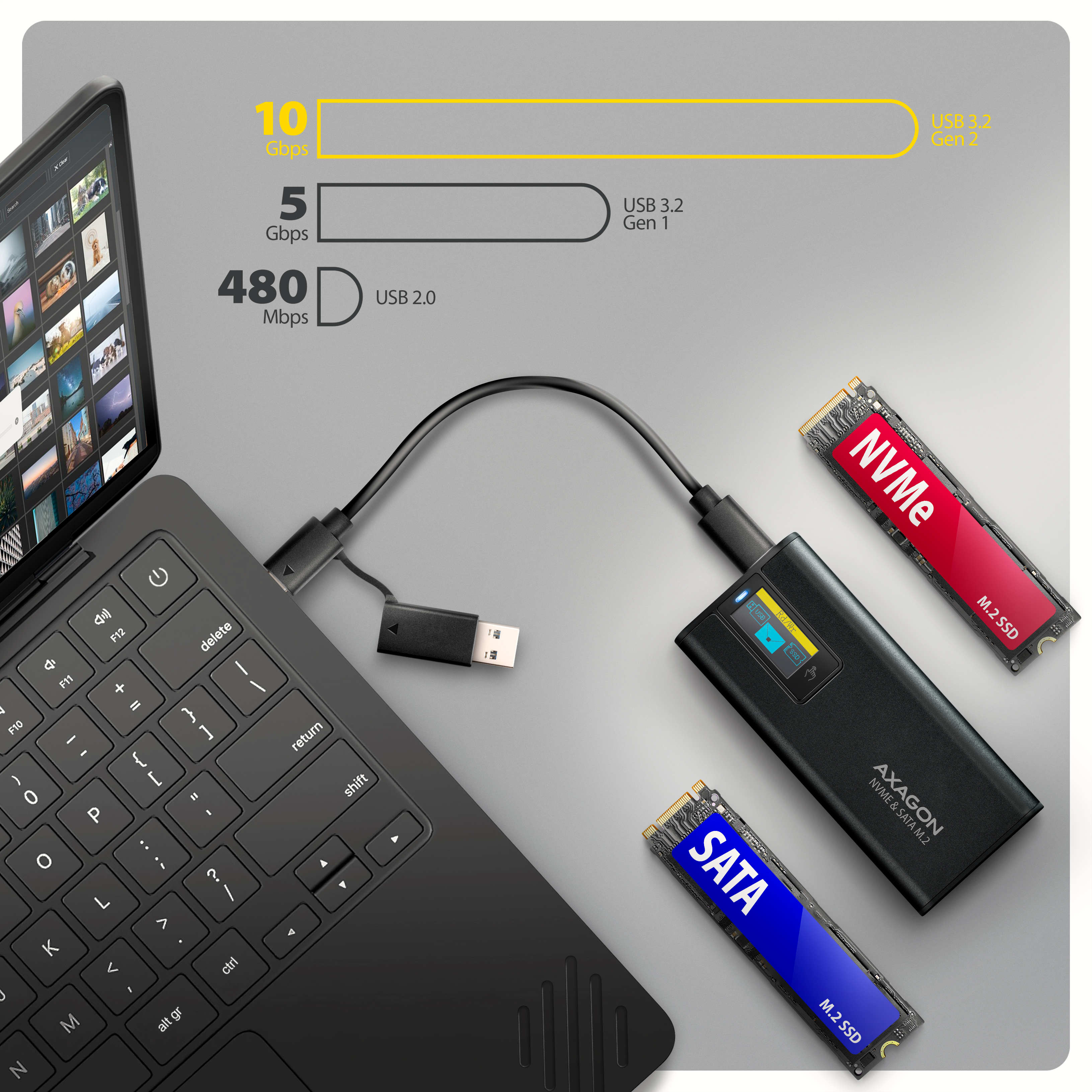 AXAGON EEM2-SD2B USB-C 10Gbps M.2 NVMe & SATA SSD Enclosure with Display, Screwless, Black
