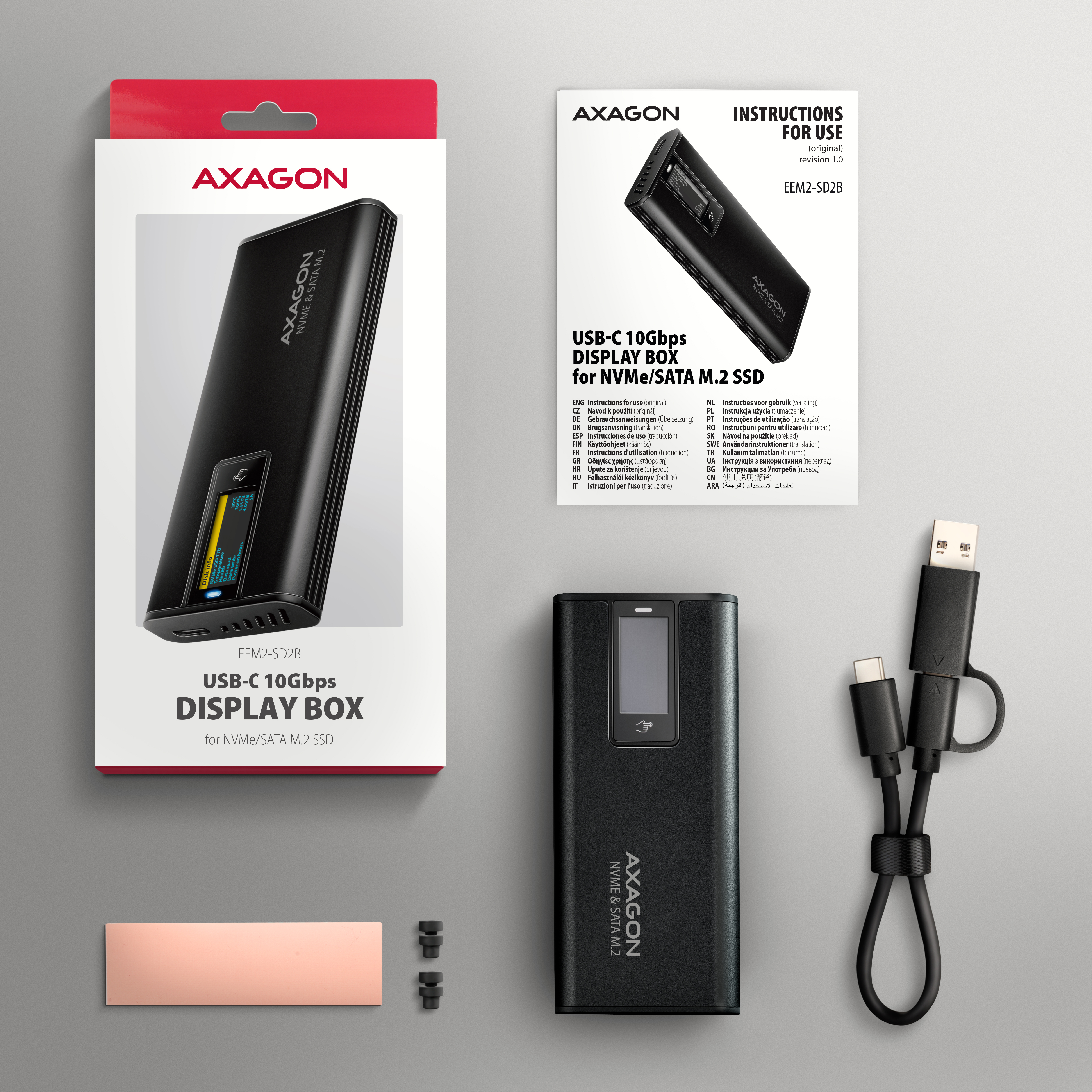 AXAGON EEM2-SD2B USB-C 10Gbps M.2 NVMe & SATA SSD Enclosure with Display, Screwless, Black