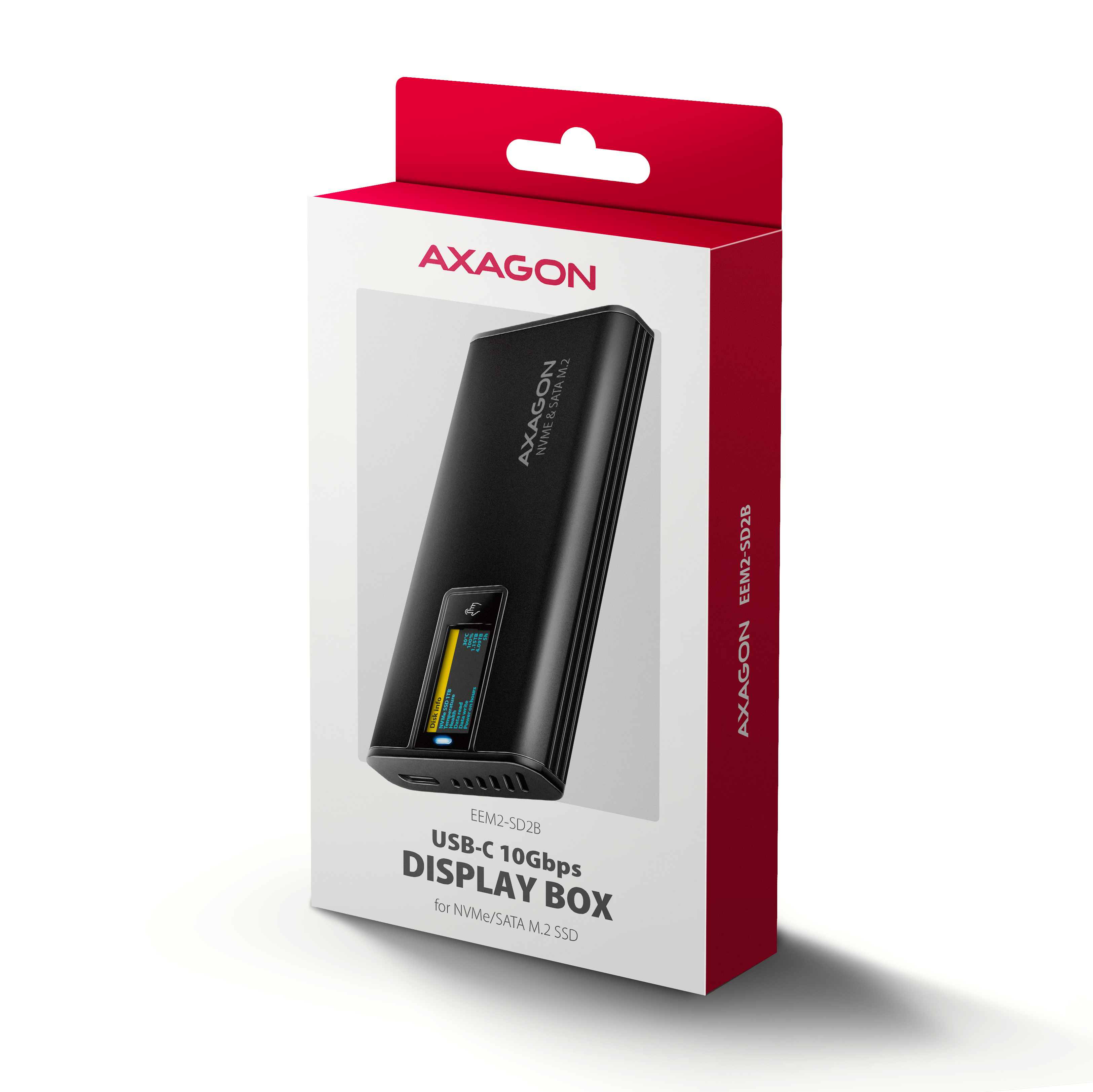 AXAGON EEM2-SD2B USB-C 10Gbps M.2 NVMe & SATA SSD Enclosure with Display, Screwless, Black