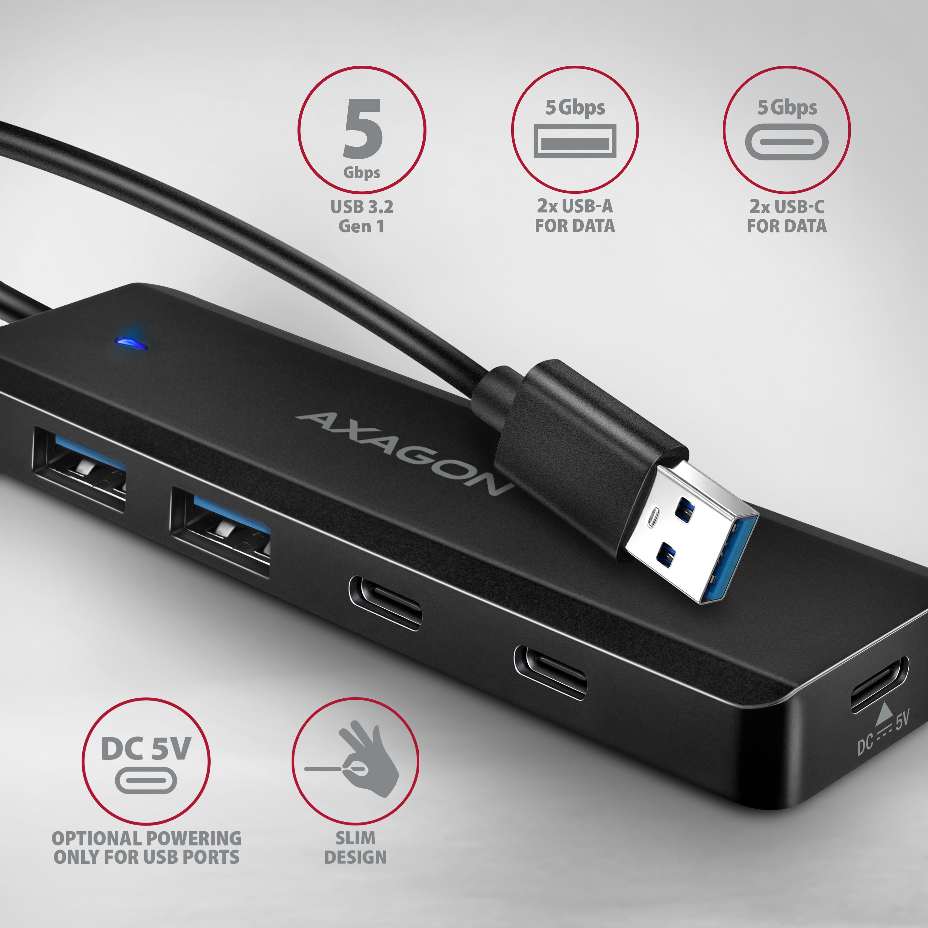 AXAGON HUE-C2A USB-A 5Gbps travel hub, 4 poorten, 2x USB-A, 2x USB-C, USB-C Power IN, 19 cm USB-A kabel