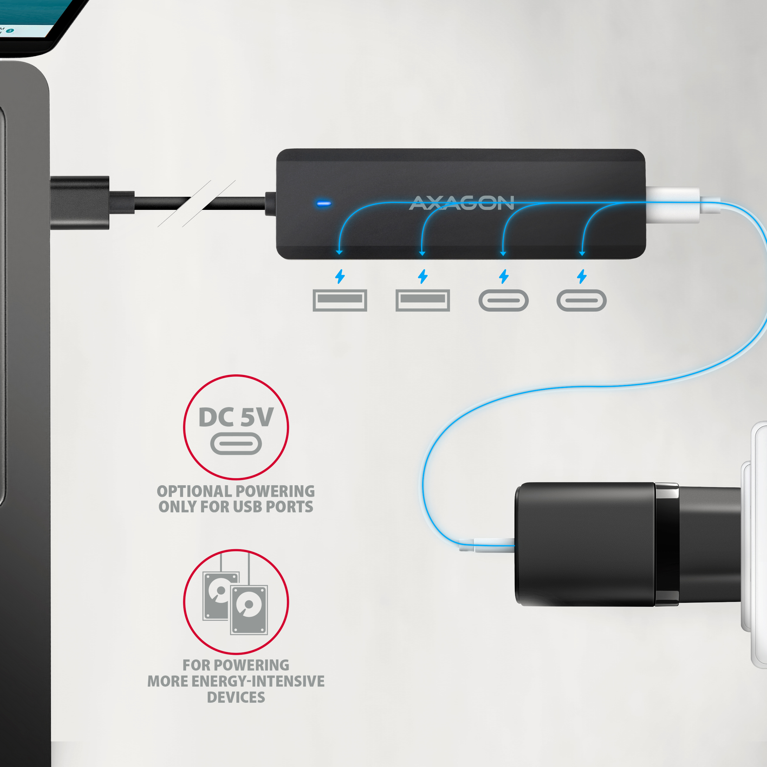 AXAGON HUE-C2A USB-A 5Gbps travel hub, 4 poorten, 2x USB-A, 2x USB-C, USB-C Power IN, 19 cm USB-A kabel