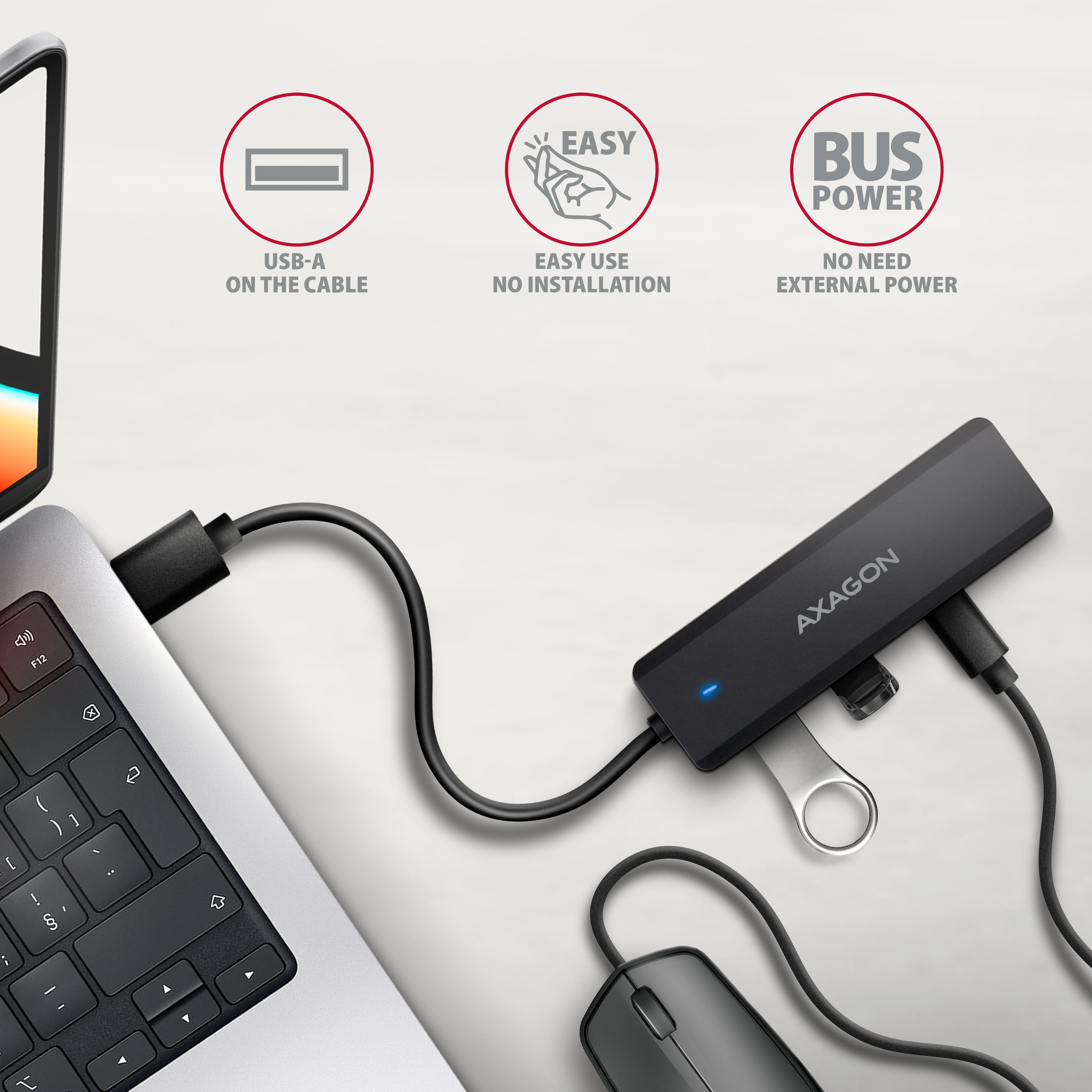 AXAGON HUE-C2A USB-A 5Gbps travel hub, 4 poorten, 2x USB-A, 2x USB-C, USB-C Power IN, 19 cm USB-A kabel