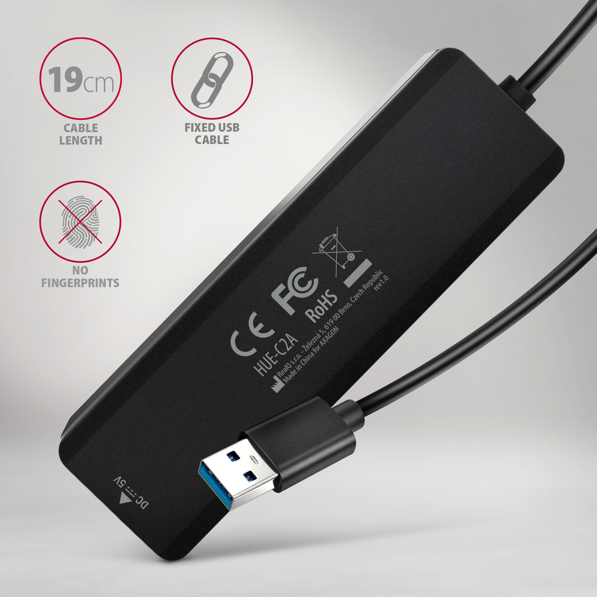 AXAGON HUE-C2A USB-A 5Gbps travel hub, 4 poorten, 2x USB-A, 2x USB-C, USB-C Power IN, 19 cm USB-A kabel