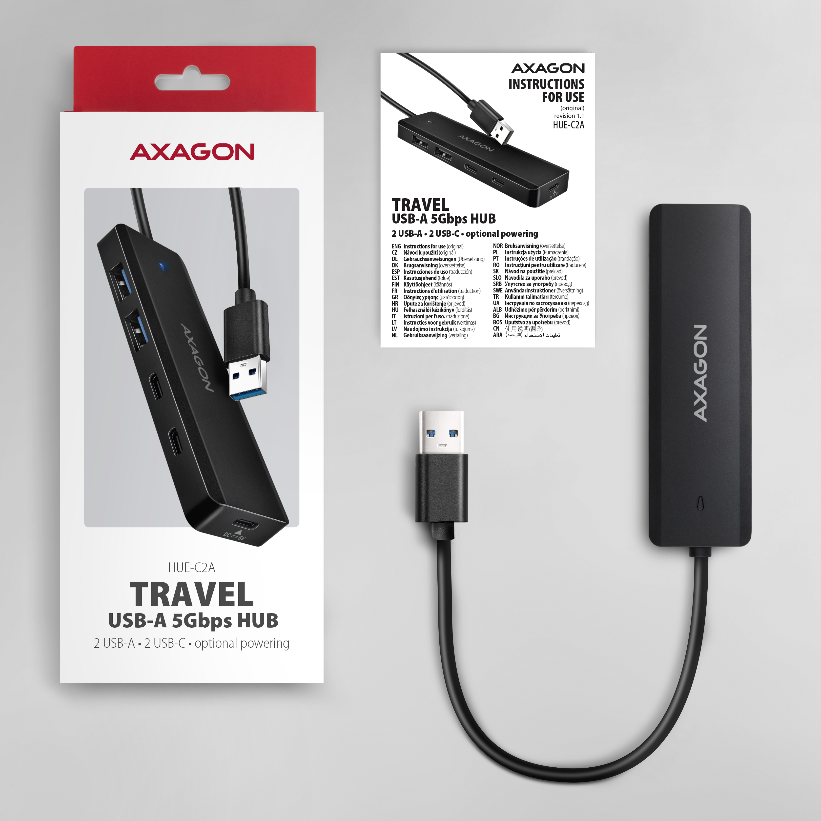 AXAGON HUE-C2A USB-A 5Gbps travel hub, 4 poorten, 2x USB-A, 2x USB-C, USB-C Power IN, 19 cm USB-A kabel