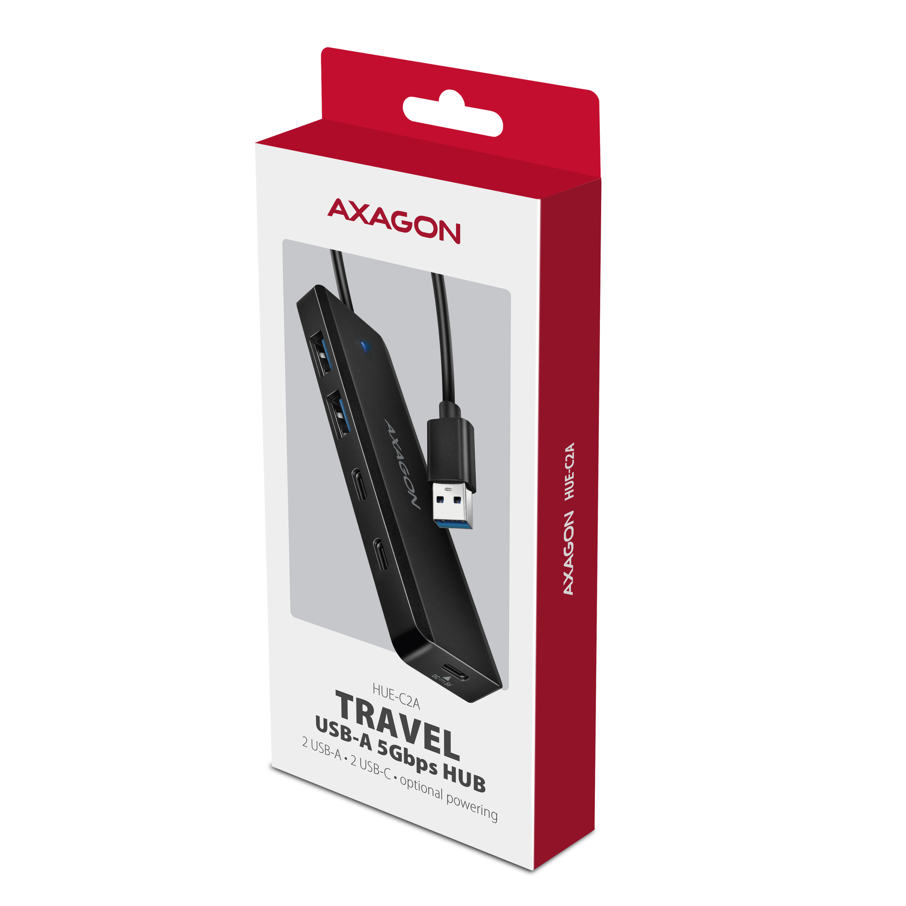 AXAGON HUE-C2A USB-A 5Gbps travel hub, 4 poorten, 2x USB-A, 2x USB-C, USB-C Power IN, 19 cm USB-A kabel