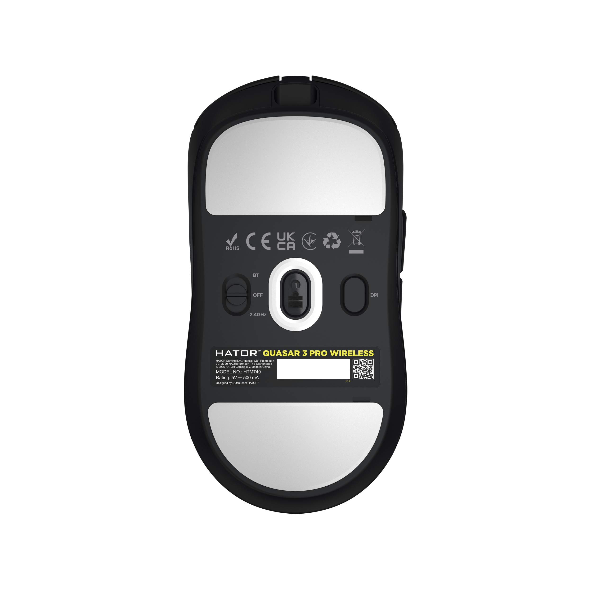 HATOR Quasar 3 PRO wireless, black, HATOR optical 100M switches, PixArt PAW3950, 30000dpi, anti-finger UV texture, 2.4GHz/Bluetooth/USB connection, 300mAh, 52g,125x64x40mm,100% PTFE & U-PE spots & glass feet, grips, fabric bag, Gaming mouse - (HTM740)