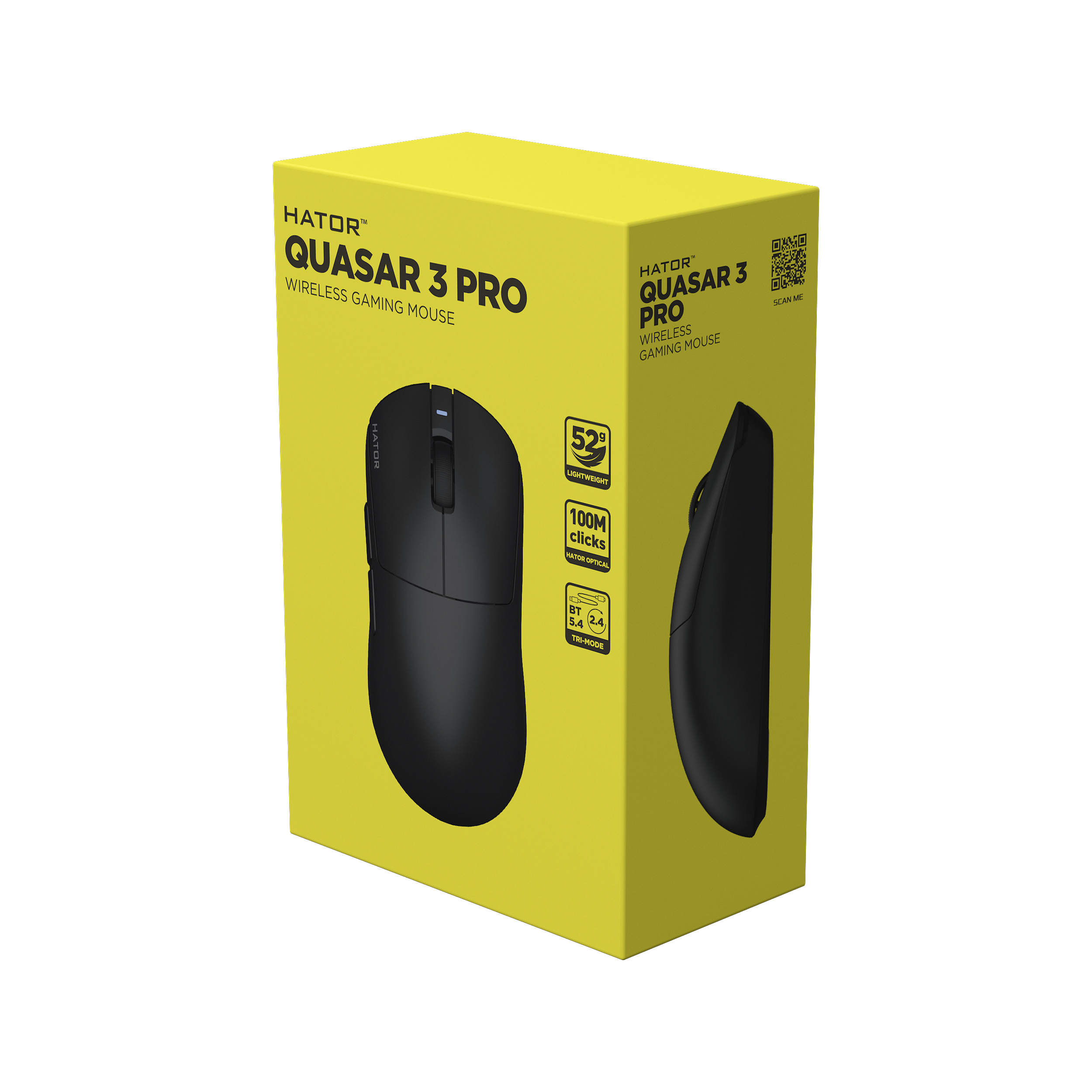 HATOR Quasar 3 PRO wireless, black, HATOR optical 100M switches, PixArt PAW3950, 30000dpi, anti-finger UV texture, 2.4GHz/Bluetooth/USB connection, 300mAh, 52g,125x64x40mm,100% PTFE & U-PE spots & glass feet, grips, fabric bag, Gaming mouse - (HTM740)