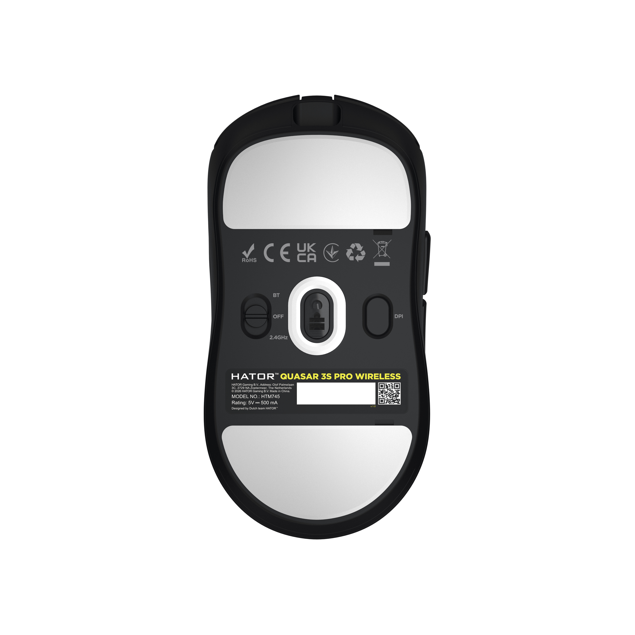 HATOR Quasar 3S PRO wireless, black, HATOR optical 100M switches, PixArt PAW3950, 30000dpi, anti-finger UV texture, 2.4GHz/Bluetooth/USB connection, 300mAh, 47g, 118.5x60.2x37.9mm,100% PTFE & U-PE spots & glass feet, grips, fabric bag, Gaming mouse - (HT