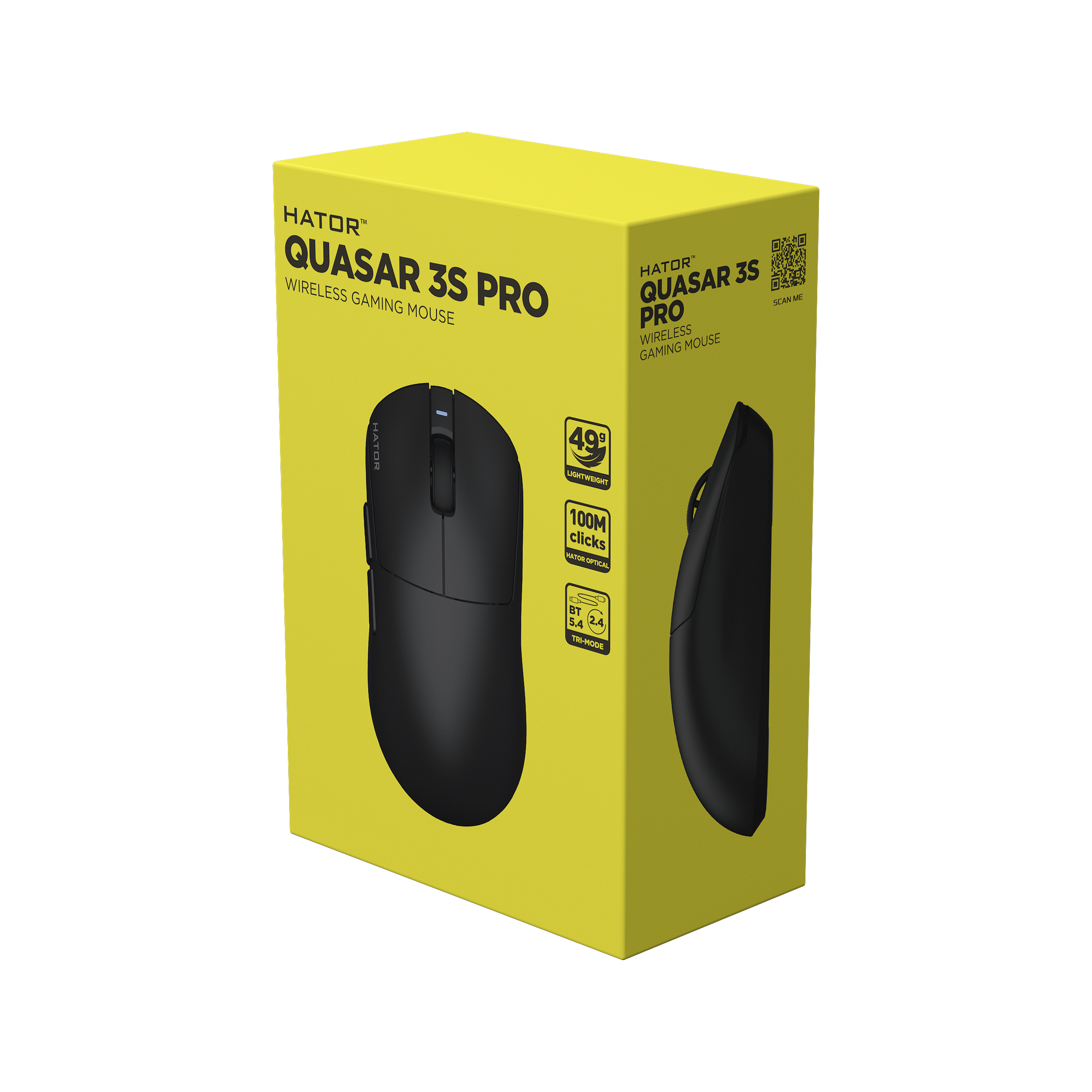 HATOR Quasar 3S PRO wireless, black, HATOR optical 100M switches, PixArt PAW3950, 30000dpi, anti-finger UV texture, 2.4GHz/Bluetooth/USB connection, 300mAh, 47g, 118.5x60.2x37.9mm,100% PTFE & U-PE spots & glass feet, grips, fabric bag, Gaming mouse - (HT