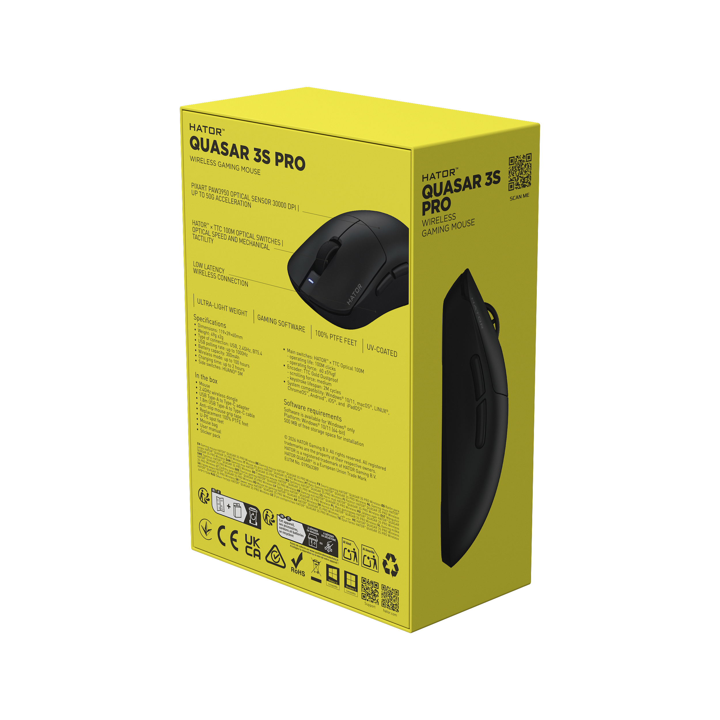 HATOR Quasar 3S PRO wireless, black, HATOR optical 100M switches, PixArt PAW3950, 30000dpi, anti-finger UV texture, 2.4GHz/Bluetooth/USB connection, 300mAh, 47g, 118.5x60.2x37.9mm,100% PTFE & U-PE spots & glass feet, grips, fabric bag, Gaming mouse - (HT