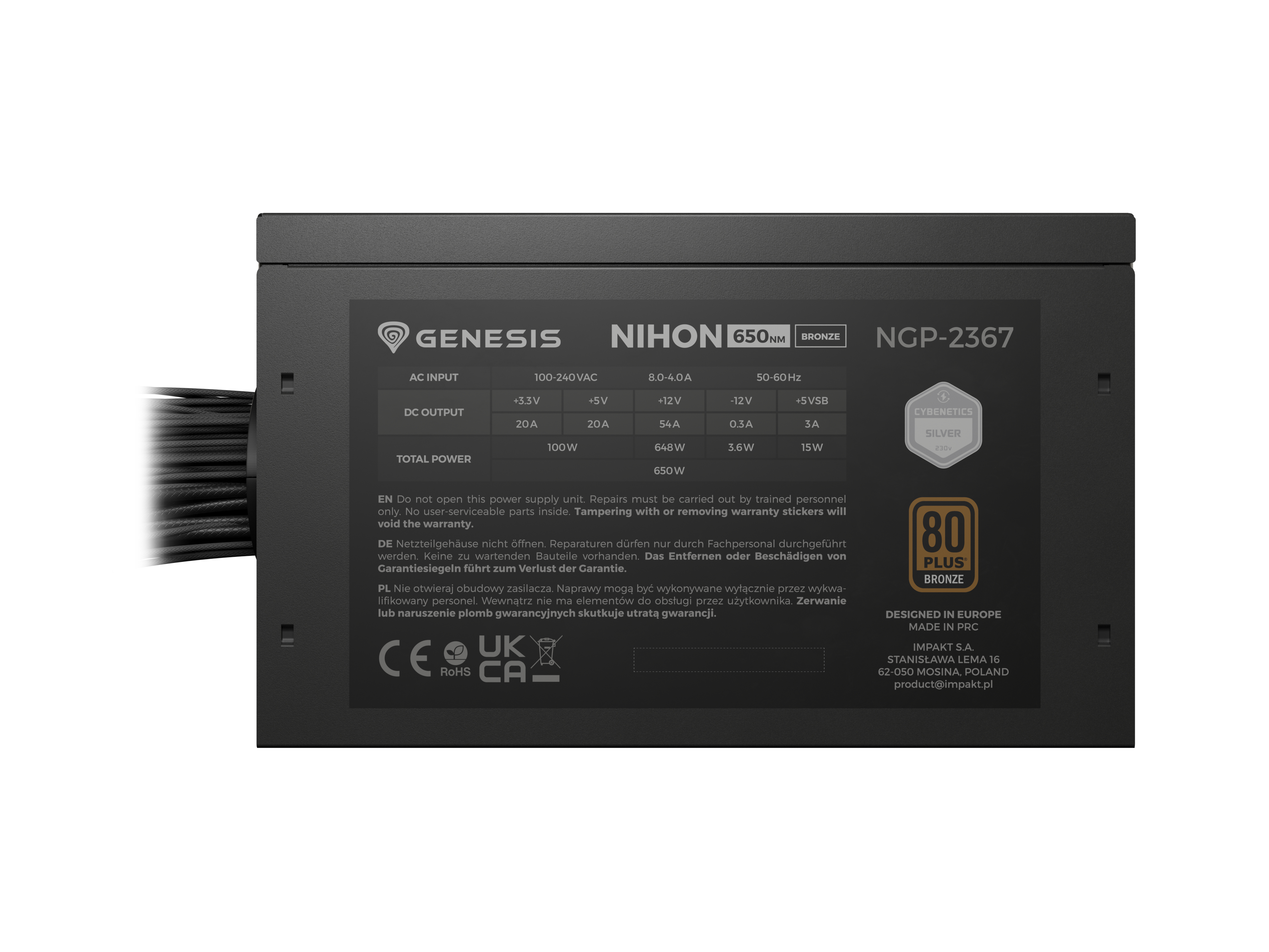 Genesis Nihon ATX 3.1 voeding 650W, 80 PLUS Bronze, niet-modulair, zwarte behuizing, 120mm ventilator