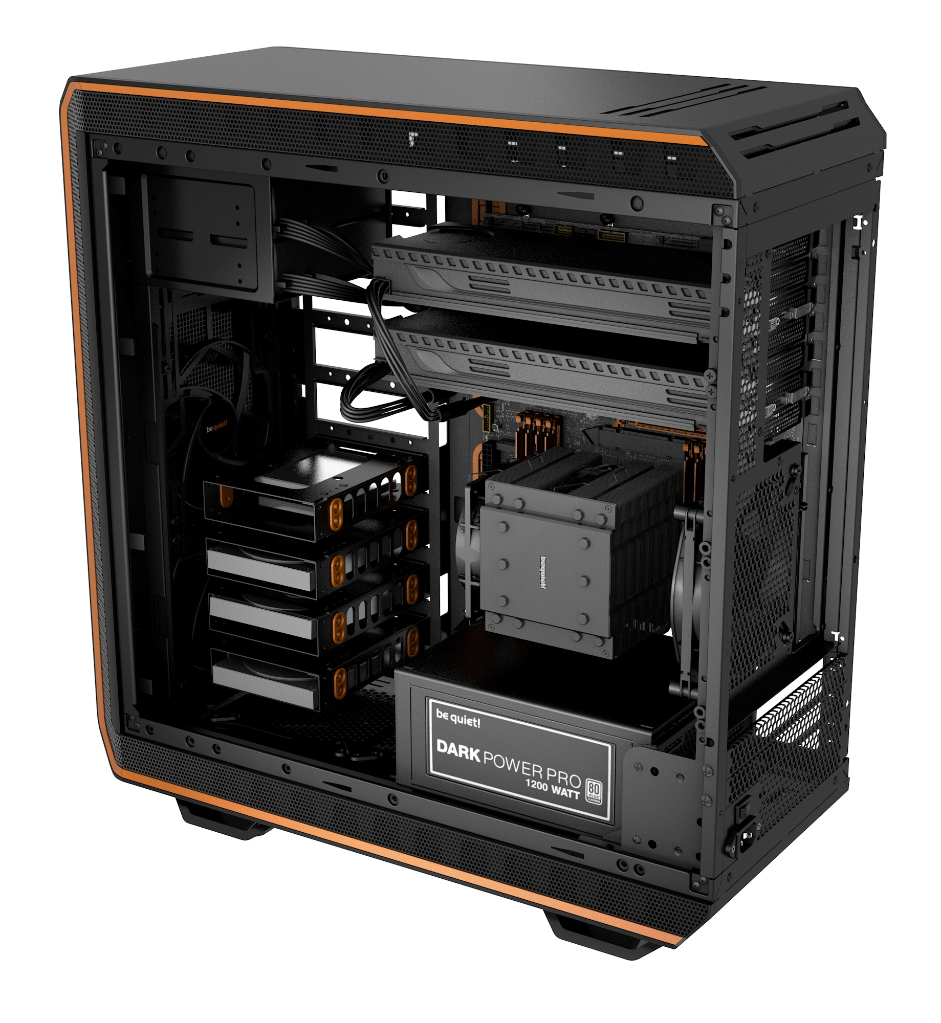 be quiet! Dark Base 900 Orange, 577 x 243 x 585, IO-panel 2x USB 3.0, 2x USB 2.0, HD Audio, 2x 5,25, 7x 3,5, 15x 2,5, inc 3x 140 mm, tripple air channel cooling, 2-in-1 airintake sidepanel, Manual fan controoler, 3 x PWM, 3x3pin