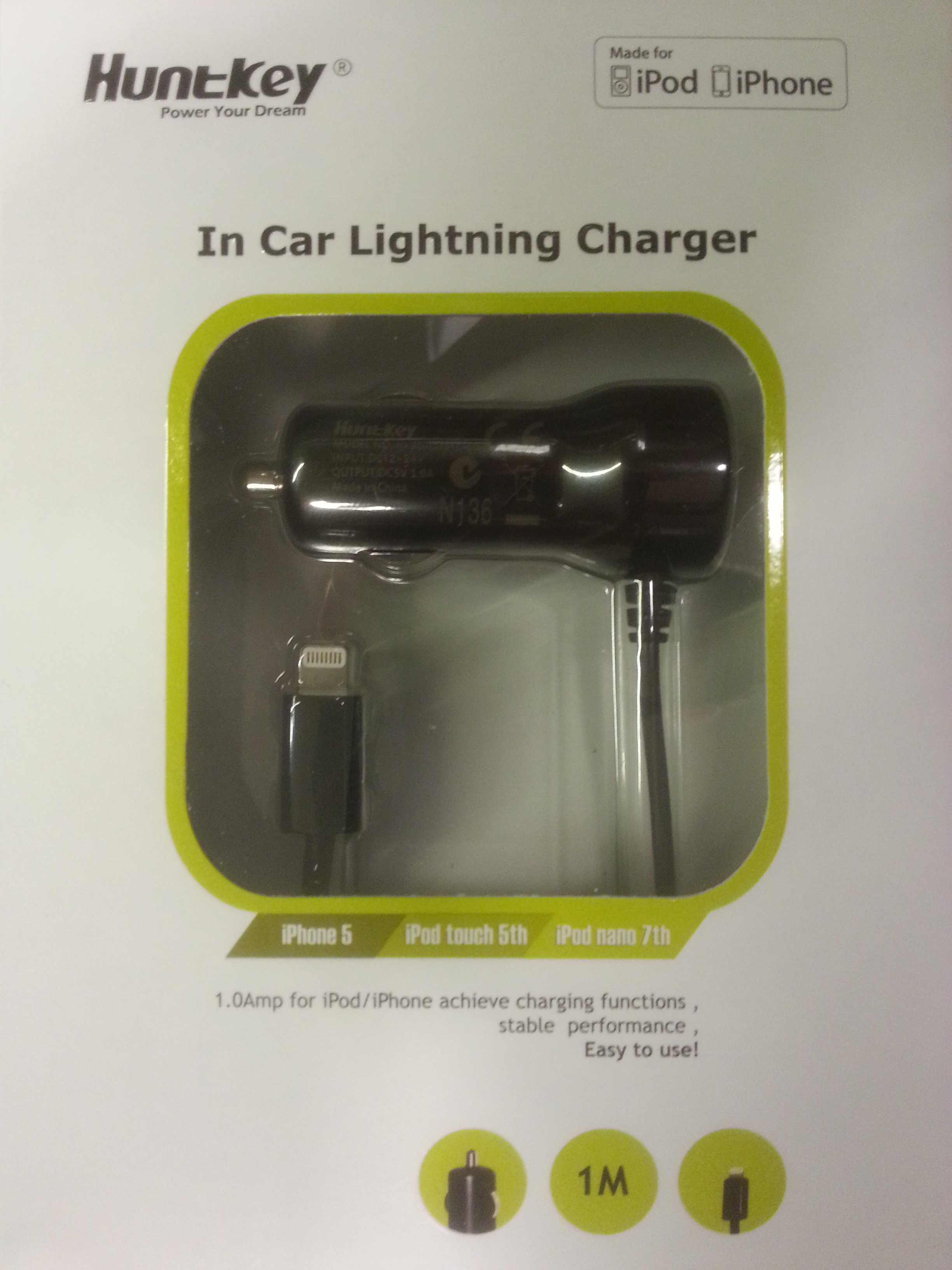 Huntkey iphone 5 car charger, 5V/1A, lightning plug - 1m