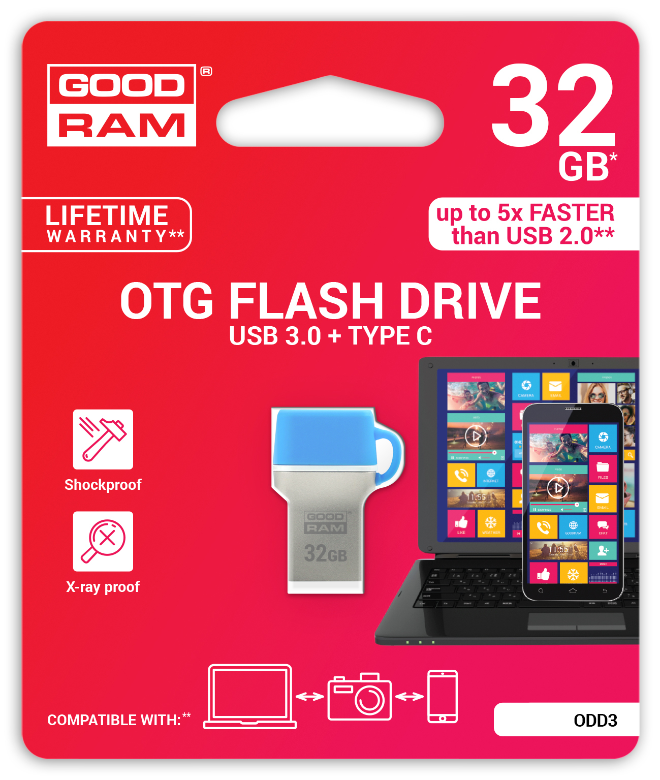 GOODRAM USB3.1 Flash Drive, 32 GB, ODD3, USB A and C connector, Compact, 60/20 MB/s (USB3/2/1.1 comp)