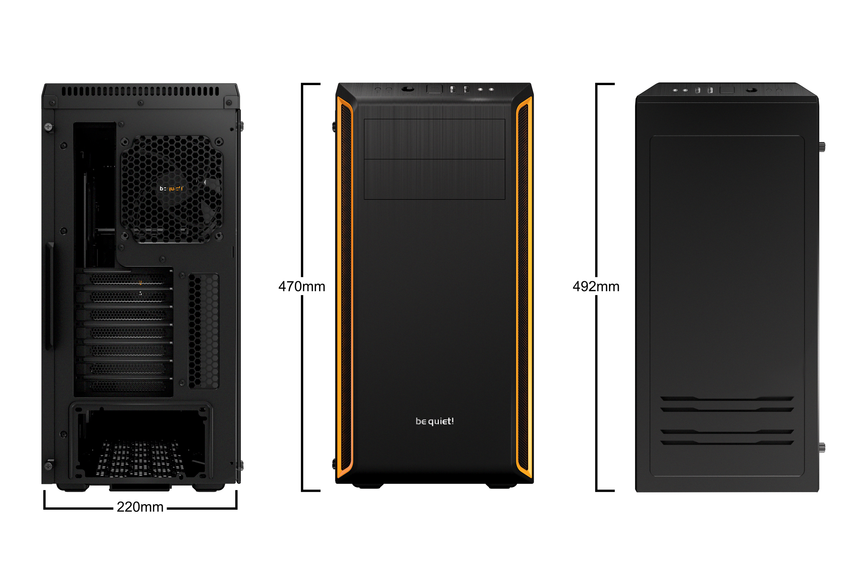 be quiet! Pure Base 600 Window Orange, 492 x 220 x 470, IO-panel 2x USB 3.0, HD Audio, 2x 5,25, 3x 3,5, 2x 2,5, inc 1x 140 mm en 1x 120 mm Pure Wings 2, dual air channel cooling, 3 step fan controller 3x3 pin, Watercooling ready, Glass Windows Side Panel