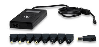 Manhattan Universal Notebook Power Adapter automatic adjustable voltage, 7 output levels, 9 tips, 90 w, usb, lcd
