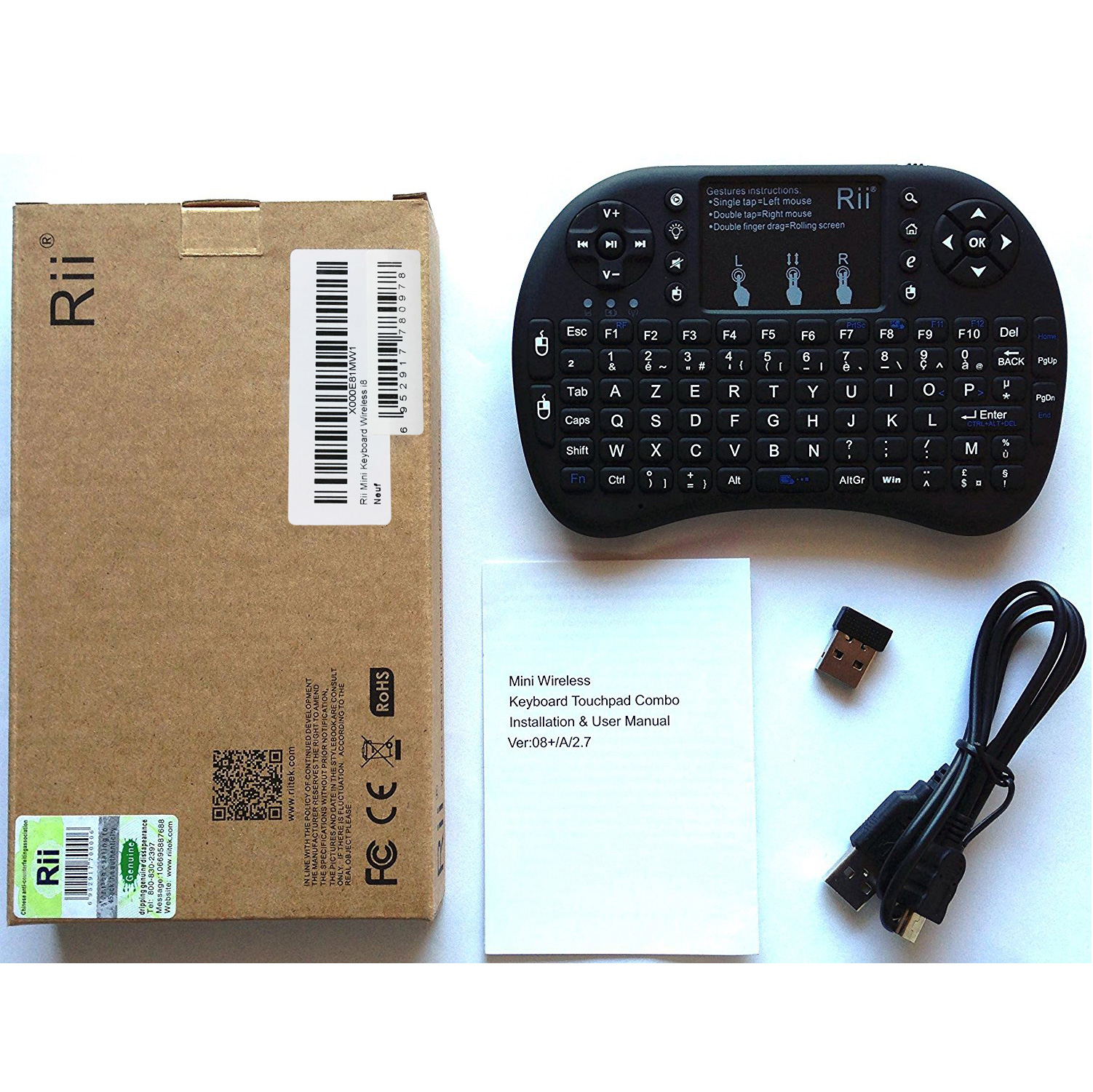Rii i8 plus Mini Wireless keyboard (2.4G) for Windows, Mac, Linux and Android. Inc. MULTI-touch touchpad. USB Dongle, Li-Ion Battery