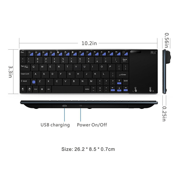 Rii mini i12 Wireless keyboard for Windows, Mac, Linux and Android. Inc. touchpad. USB Dongle, Li-Ion Battery, 260mm x 83mm x 13. 5 mm