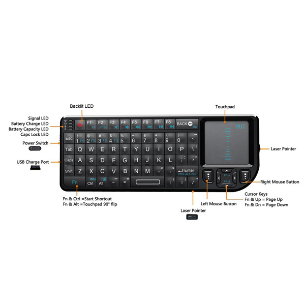 Rii Mini X1 v3, wireless (2.4G) keyboard met touchpad en laserpointer, 151 x 59 x 12.5mm, 280 mAh accu