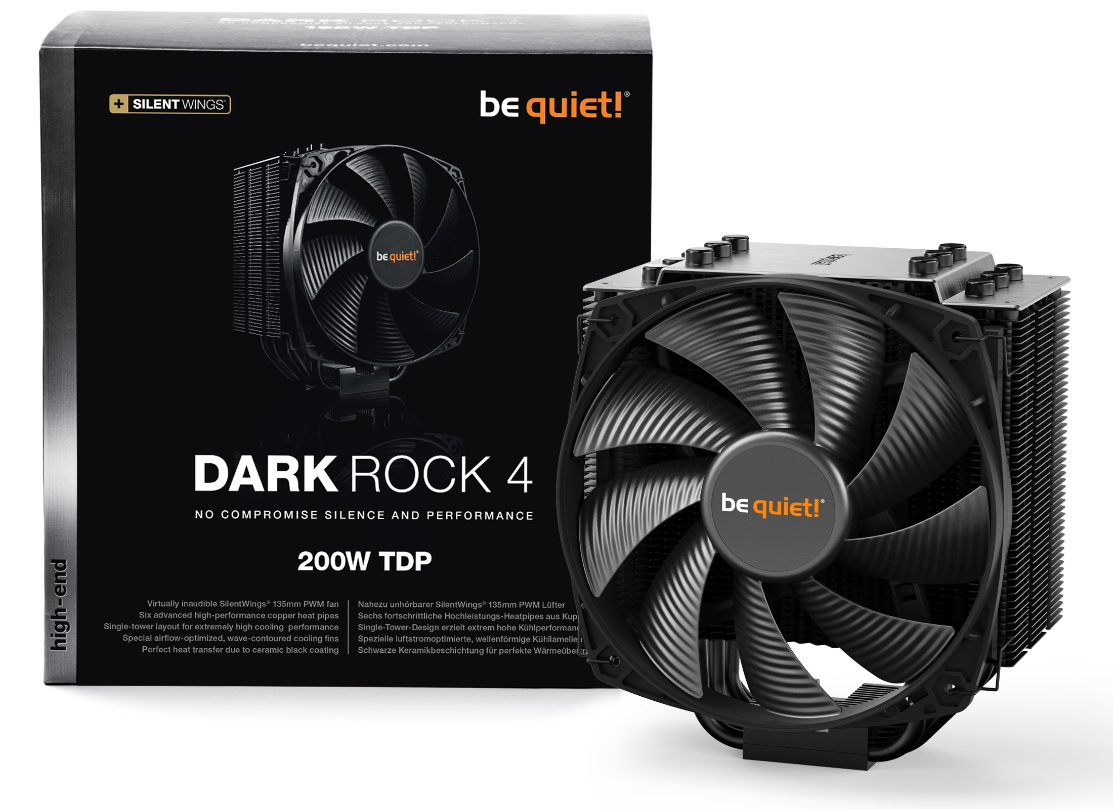 be quiet! Dark Rock 4, 200W TDP, Intel: 1200/115X/1366/2011(-3)/2066 AMD: AM2 (+) / AM3 (+) / AM4 / FM1 / FM2(+), 135 mm Fan