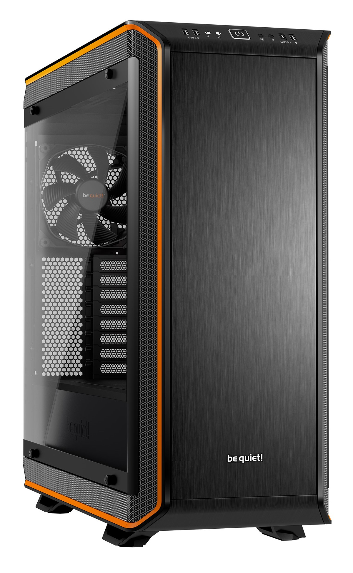 be quiet! Dark Base Pro 900 Window Orange rev.2, 577 x 243 x 585, IO-panel 2x USB 3.0, 1x USB 3.1 Gen2 Type C, HD Audio, 2x 5,25, 5x 3,5, 10x 2,5, inc 3x 140 mm, tripple air channel cooling, Manual fan controller, 4xPWM, 4x3pin, QI Charging option,