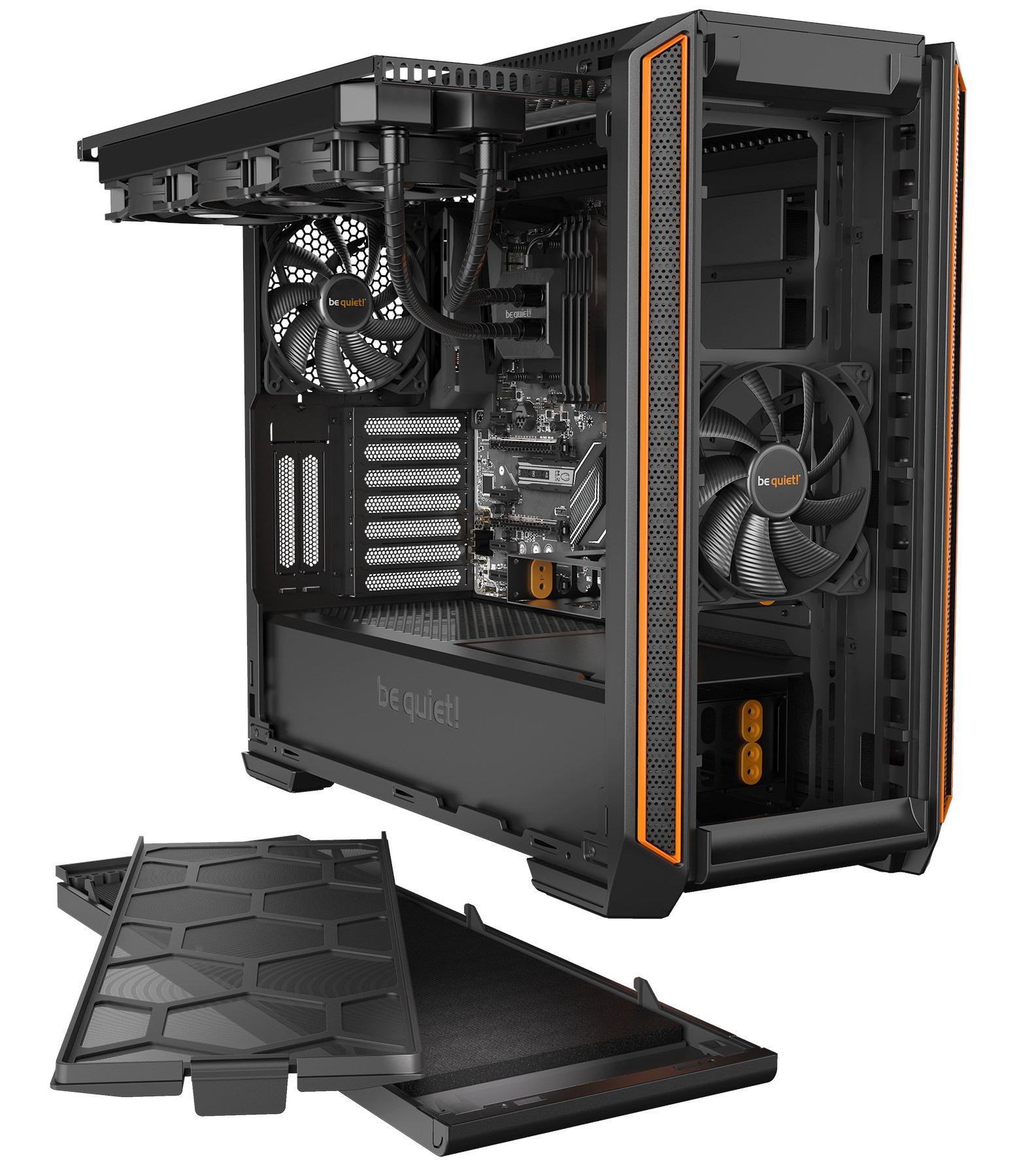 be quiet! Silent Base 601 Window Orange, 532 x 240 x 514, IO-panel 2x USB 3.0, 1x USB 2.0, HD Audio, 3 (7) x 3,5, 6 (14) x 2,5, inc 2x 140 mm Pure Wings 2, dual air channel cooling, Tinted and Tempered Glass side panel