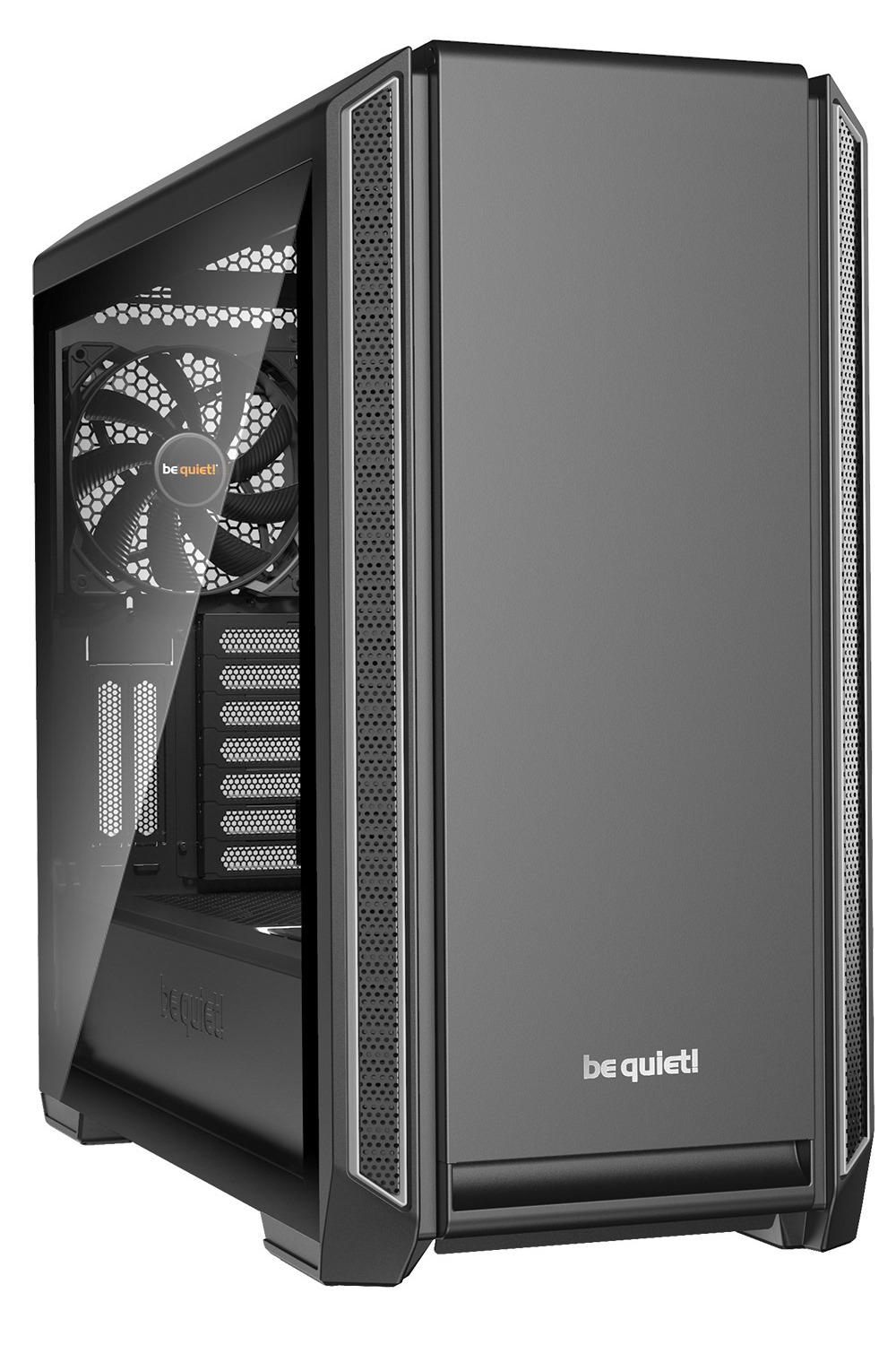 be quiet! Silent Base 601 Window Silver, 532 x 240 x 514, IO-panel 2x USB 3.0, 1x USB 2.0, HD Audio, 3 (7) x 3,5, 6 (14) x 2,5, inc 2x 140 mm Pure Wings 2, dual air channel cooling, Tinted and Tempered Glass side panel