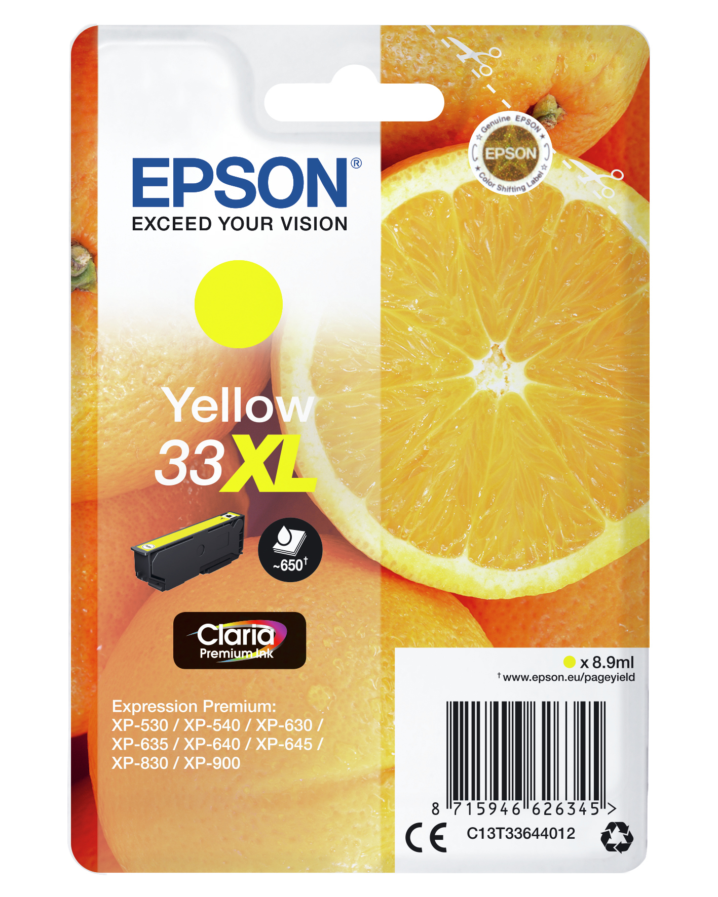 Epson 33xl oranges 8.9ml yelloe origineel, tbv expression home xp-635, 830 expression premium xp-530, 540, 630, 635, 640, 645, 830, 900