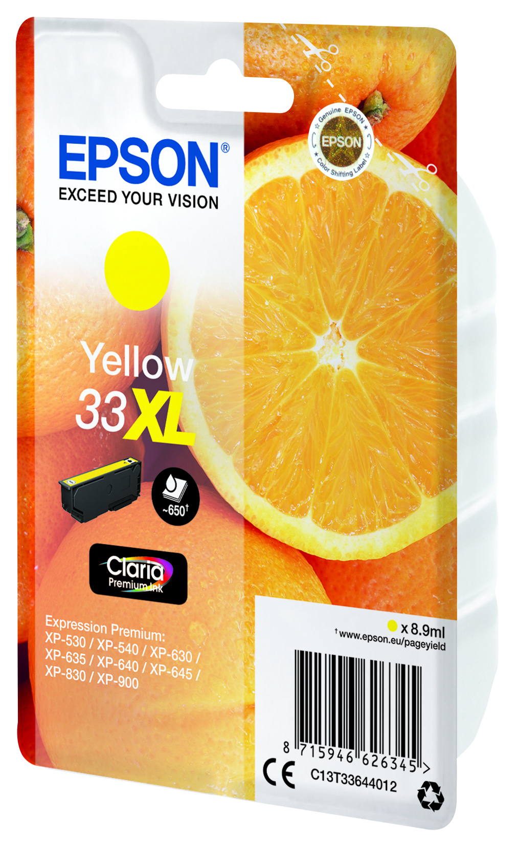 Epson 33xl oranges 8.9ml yelloe origineel, tbv expression home xp-635, 830 expression premium xp-530, 540, 630, 635, 640, 645, 830, 900