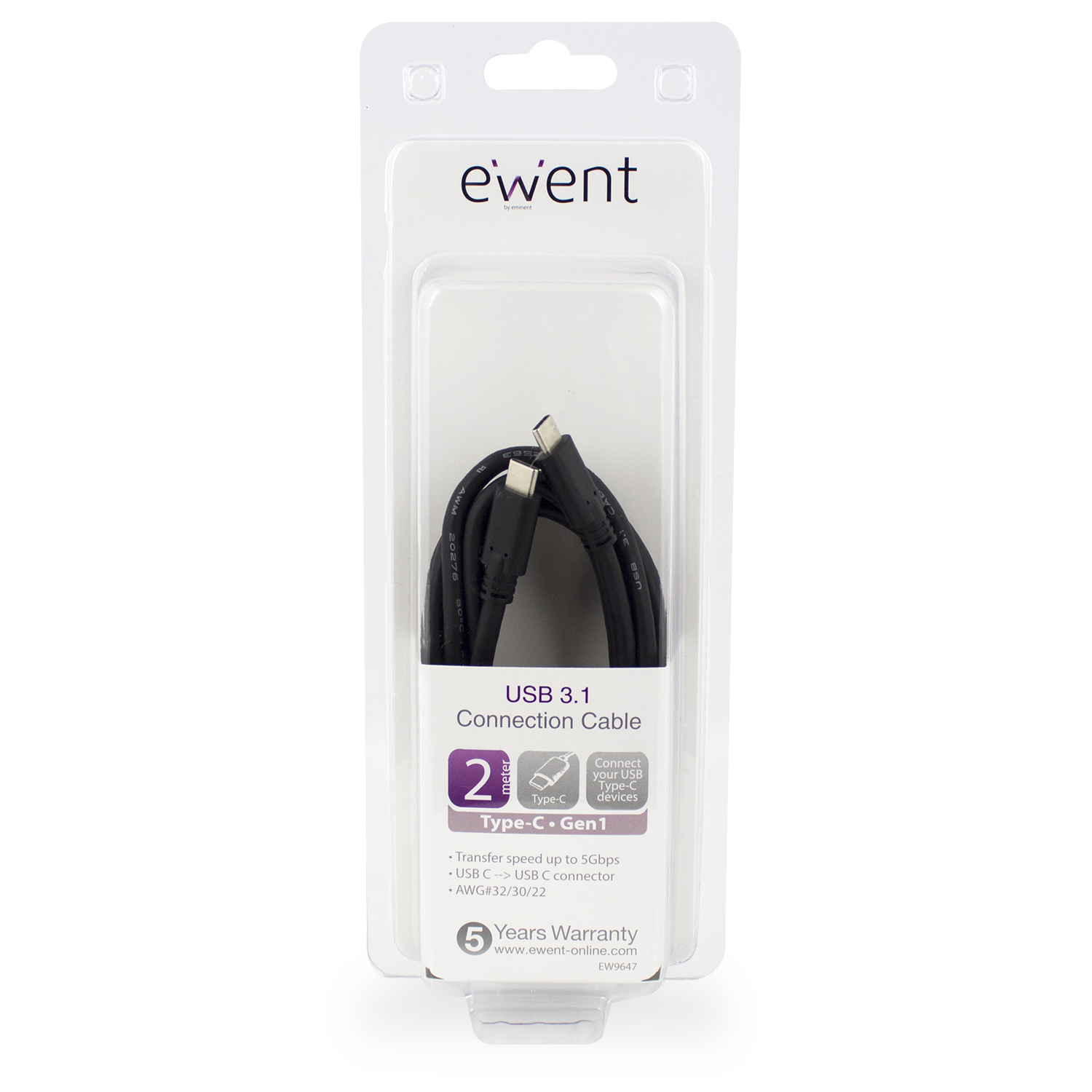 Ewent USB3.1 Gen.1 Type-C Kabel 2 Meter - Zwart