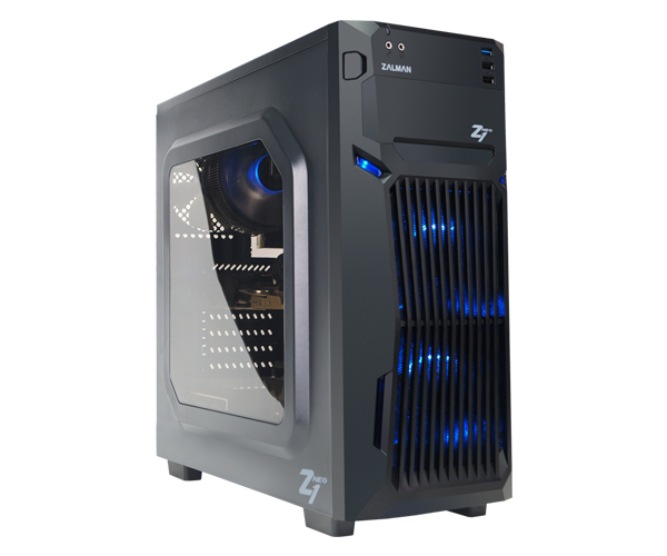 Zalman Z1 NEO ATX Mid Tower PC Case, Pre-installed: 2 x 120mm blue LED fan in front 1 x 120mm blue LED fan rear, Dedicated 5..25 ODD in front, Drive bays: 4 x 3.5, 5 x 2.5, Arcyl window on left side, Dimension: 464(D) x 203(W) x 445(H) mm