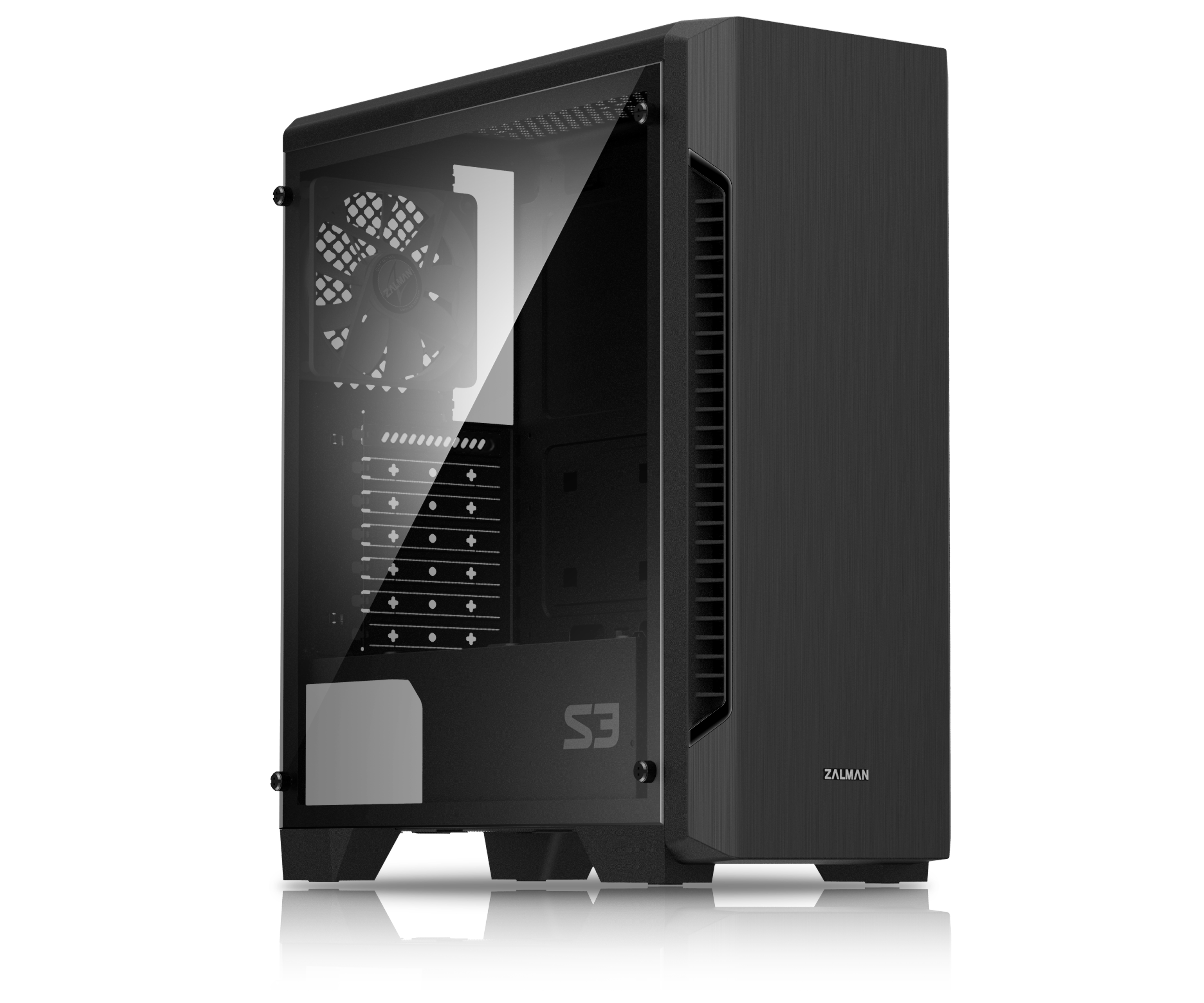 Zalman S3, ATX Mid Tower PC Case / - Pre-installed fan : 120mm black fan in rear / - Hairline front panel design / - Acrylic window on left / - Dust filter at bottom & top / - Dimension : 412(D) x 189(W) x 451(H)mm