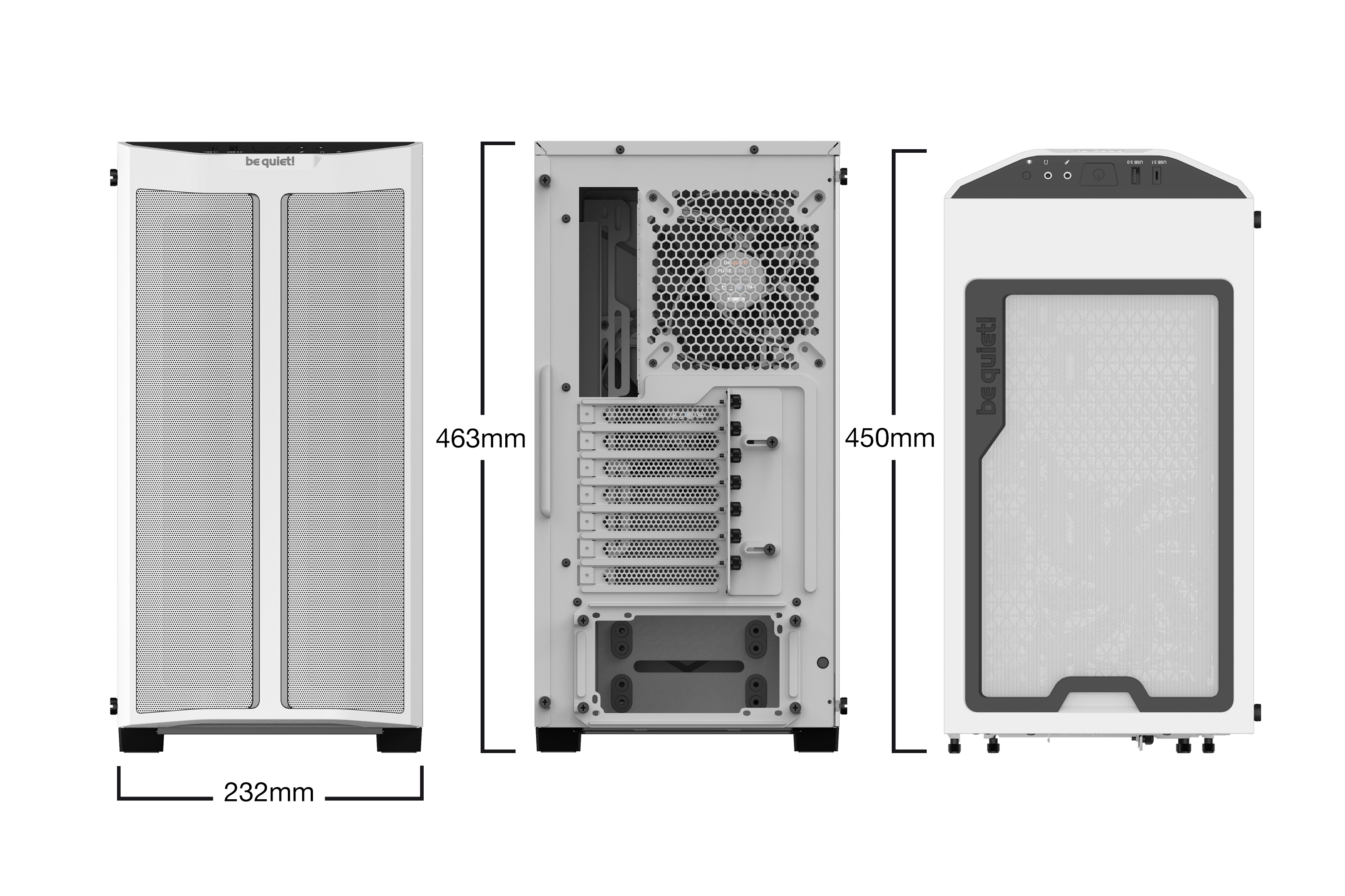 be quiet! Pure Base 500DX White, 463 x 232 x 450, IO-panel: 1x USB Type C gen 2, 1x USB 3.0, HD Audio, 5x 2,5 inch, 2x 3,5 inch, inc 3x 140 mm Pure Wings 2, max GPU 369mm, 3 pin a-RGB