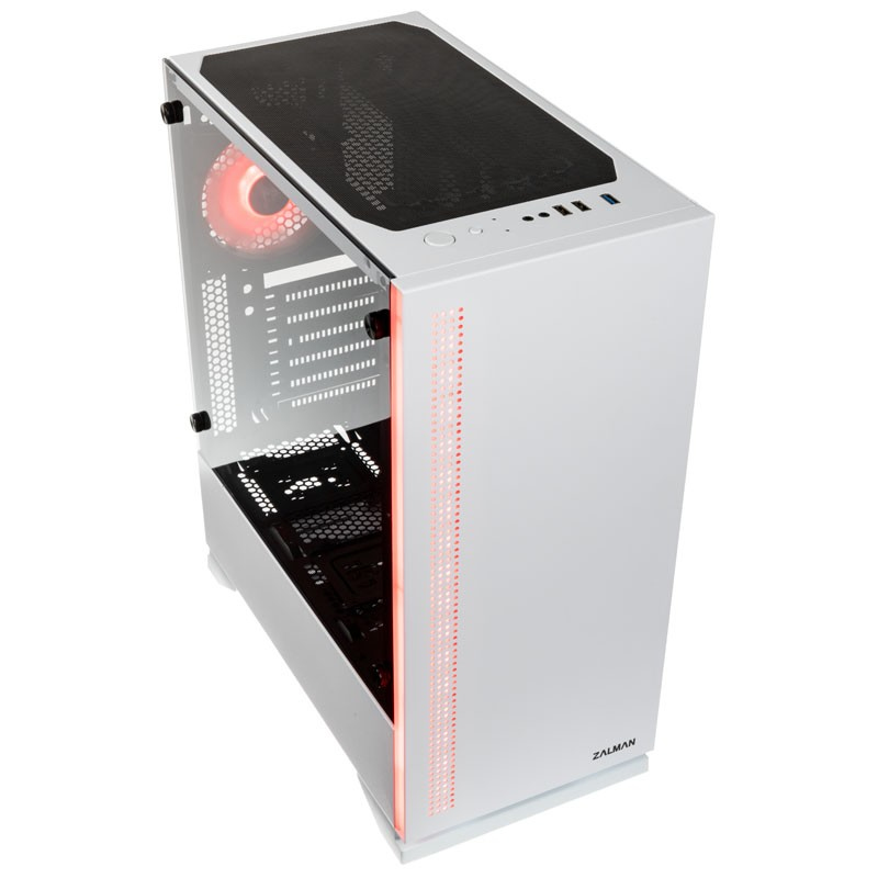 Zalman S5 White ATX Mid-Tower Case / - Combination of white case & RGB LED light in front / Front: 1x 120mm fan, Rear: 1x 120mm RGB fan / Tempered glass on left side / Support 240mm AIO Water Cooler (Top & Side) / AIO Water Cooler Guide for vertical inst