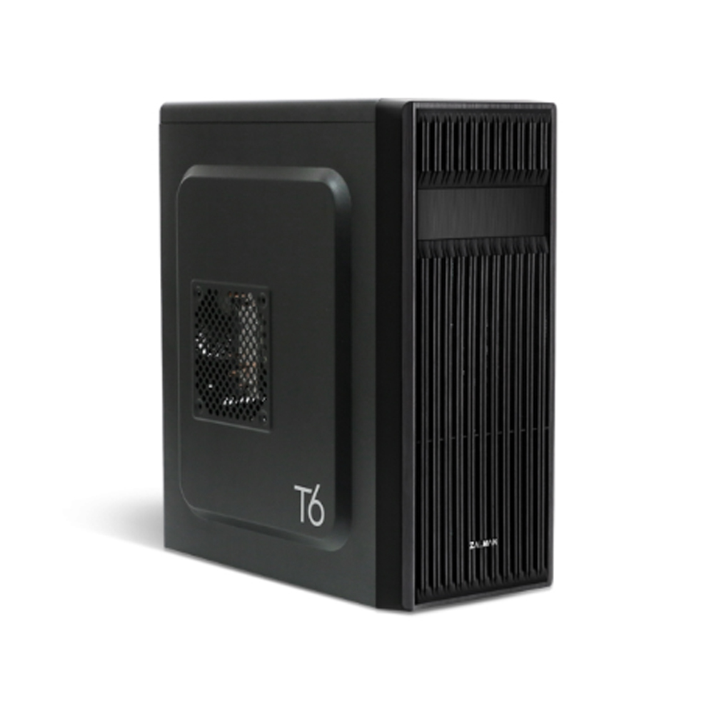 Zalman T6, ATX Mid Tower PC Case / - Pre-insalled fan: 1x 120mm(Rear) / - Air vent on front and left side for efficient cooling / - Support for 5..25 ODD in front / - Dimension : 370(D) x 200(W) x 430(H)mm