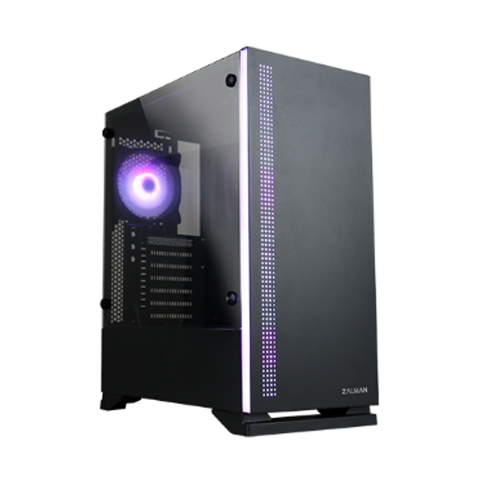 Zalman S5 Black, ATX Mid-Tower Case / - Combination of black case & RGB LED light in front / Front: 1x 120mm fan, Rear: 1x 120mm RGB fan / Tempered glass on left side / Support 240mm AIO Water Cooler (Top & Side) / AIO Water Cooler Guide f. vertical inst