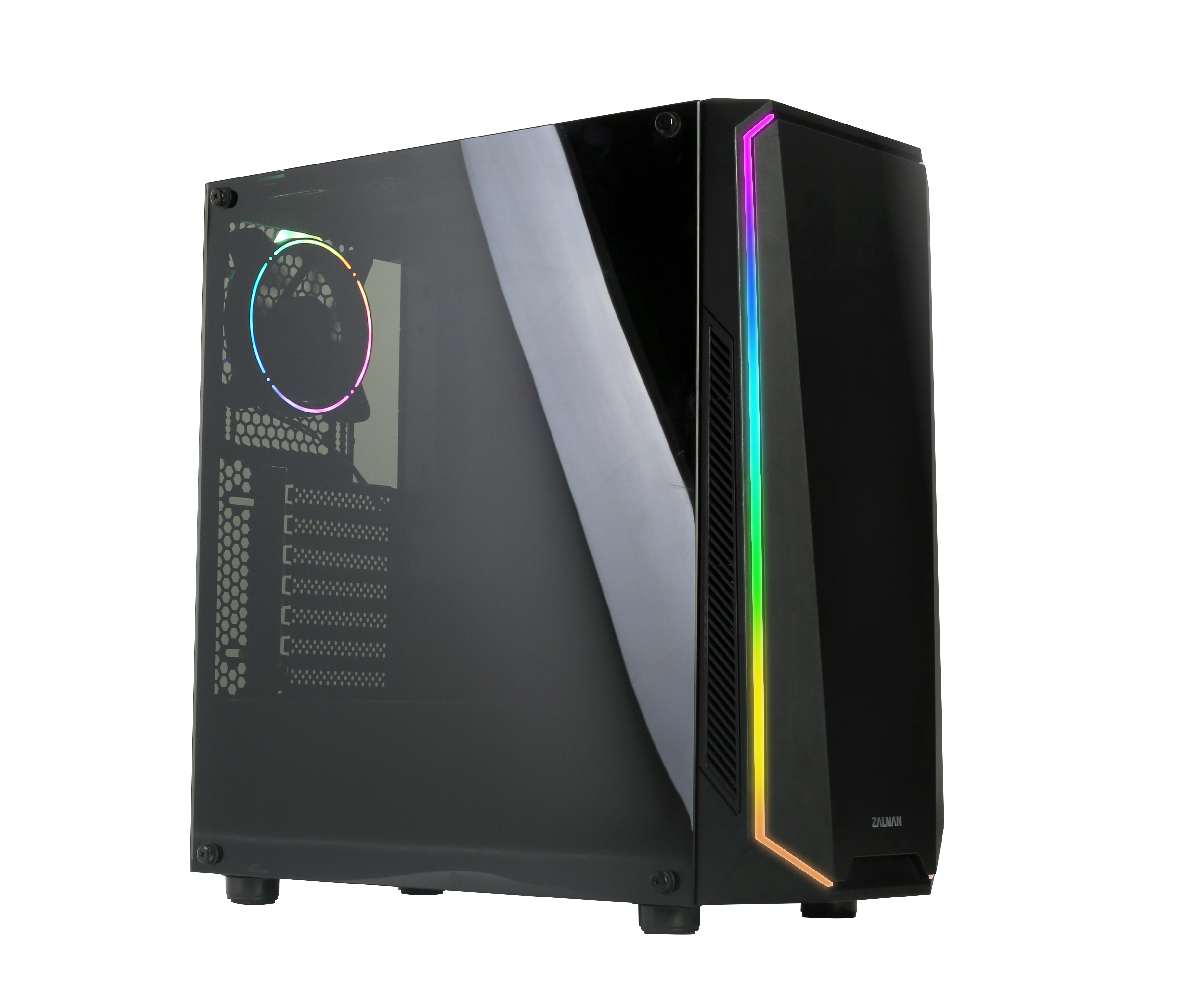 Zalman K1 Rev.A, ATX Mid-Tower Case / RGB spectrum light on the edge of front / Pre-installed: 120mm Auto RGB fan in rear, 120mm black fan in front / Tempered glass on left side / Compatible with 360mm AIO water cooler / Dimension : 458(D) x 210(W) x 450