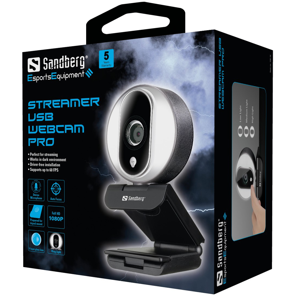 Sandberg Streamer USB Webcam Pro, 1080p 30 fps, 720p 60 fps, ring light