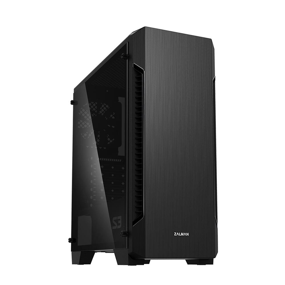 Zalman S3 TG, ATX Mid Tower PC Case, Pre-installed fan : 120mm black fan in rear, Hairline front panel design, Tempered Glass window on left, Dust filter at bottom & top, Dimension : 412(D) x 189(W) x 451(H)mm