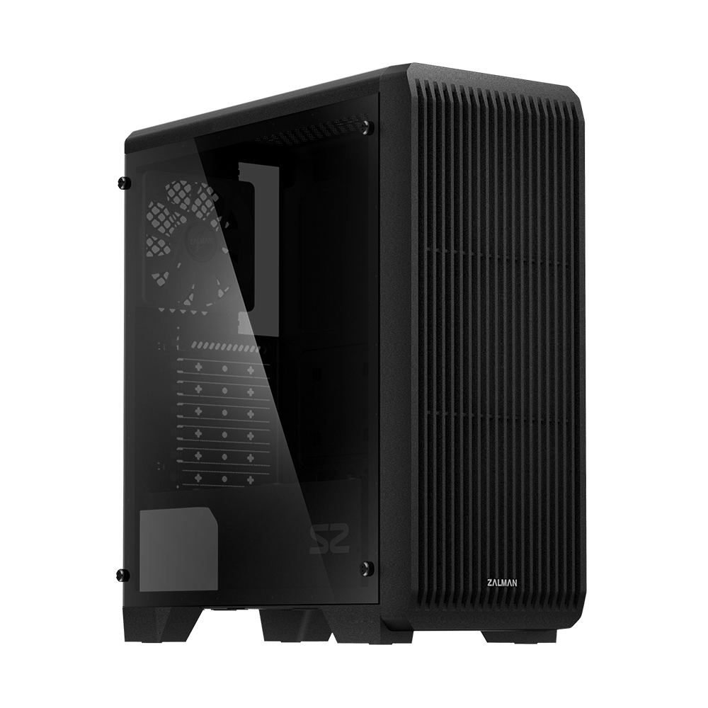 Zalman S2 TG, ATX Mid Tower PC Case, Pre-installed fan: 120mm black fan in rear, Air vent on front for efficient cooling, Tempered Glass window on left, Dust filter at bottom & top, Dimension : 412(D) x 189(W) x 451(H)mm