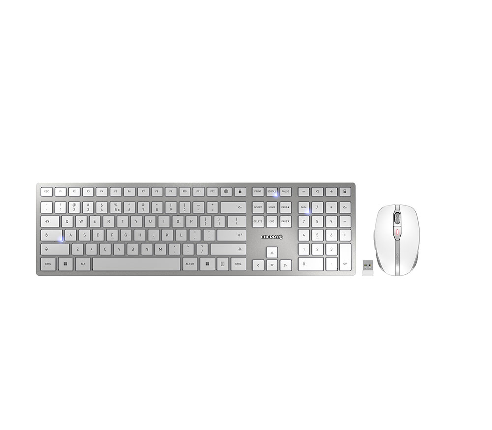 Cherry DW 9000 SLIM, Rechargeable Wireless Desktop (Keyboard+Mouse), USB/Bluetooth - SILVER/WHITE (EU) US-English with EURO Symbol