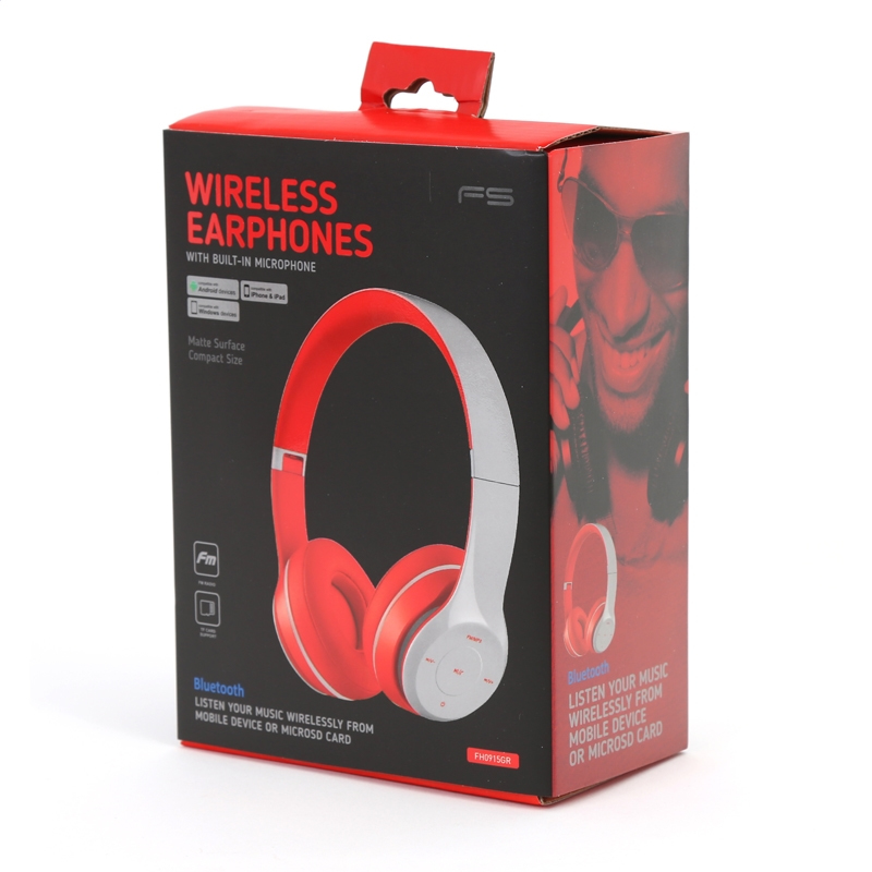 Freestyle foldable Bluetooth Headset (BT 5.0, microSD slot, Line-in, FM radio) met microfoon en USB laadkabel, 100u stdby/8u play) 150gram - Grijs/Rood