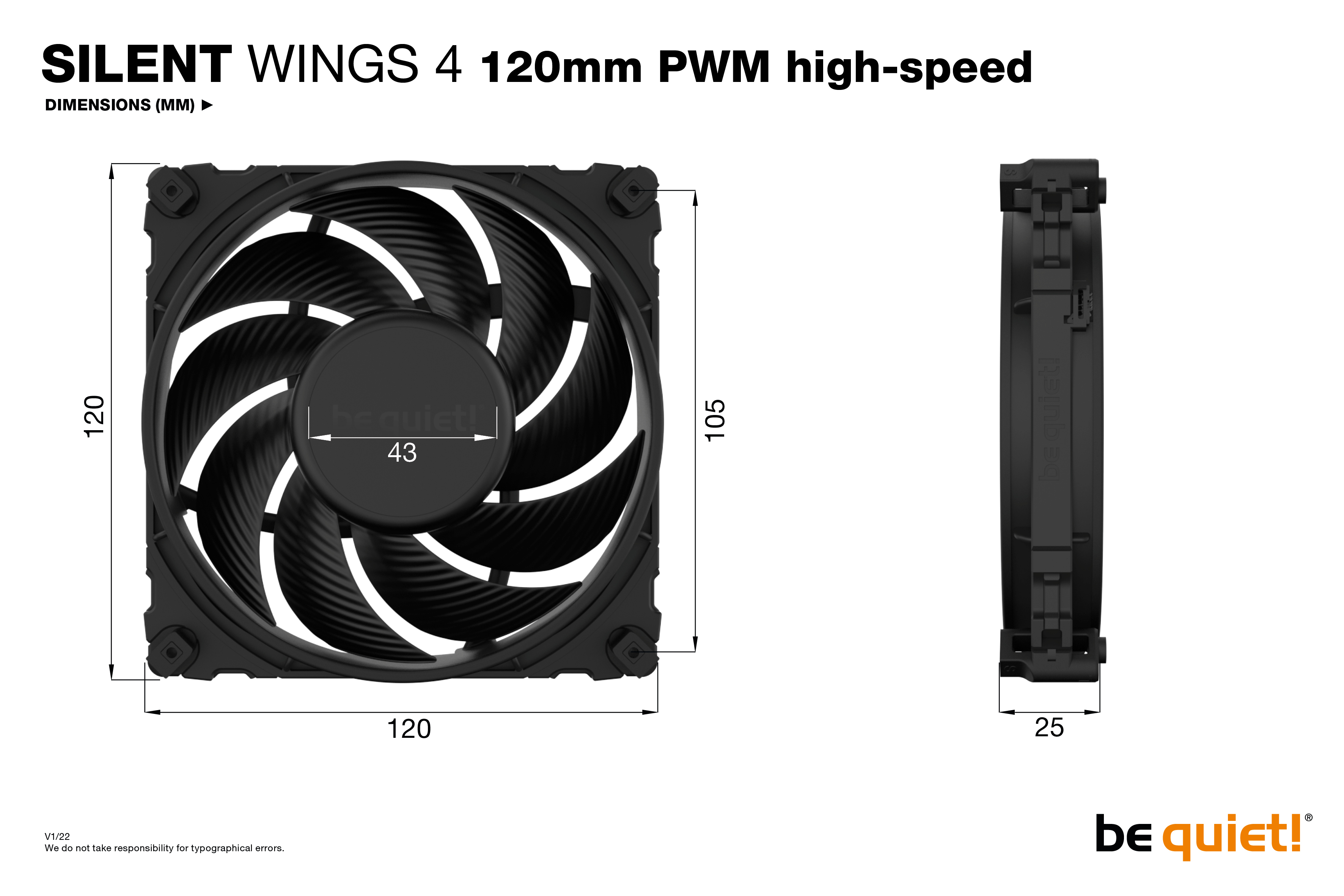 be quiet! Silent Wings 4 120mm PWM high-speed, 120x120x25, 2500 rpm, 31,2 dB, 76,7 cfm, 4 pin pwm