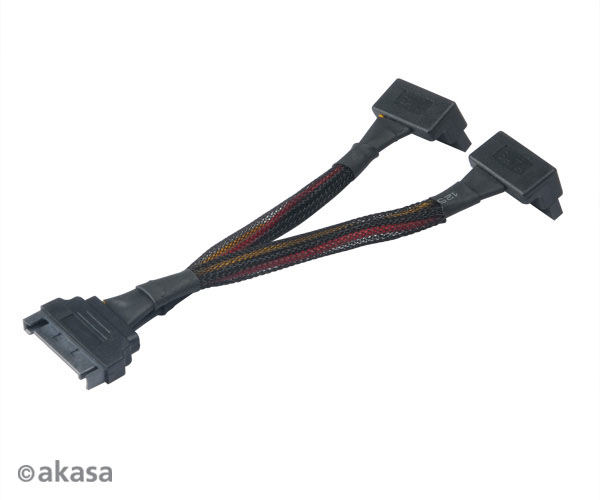Akasa AK-CBPW15-15BK sata power splitter, 15pin male to 2 x 15pin female sataright angle connectors with securing latch, *SATAM, *SATAF