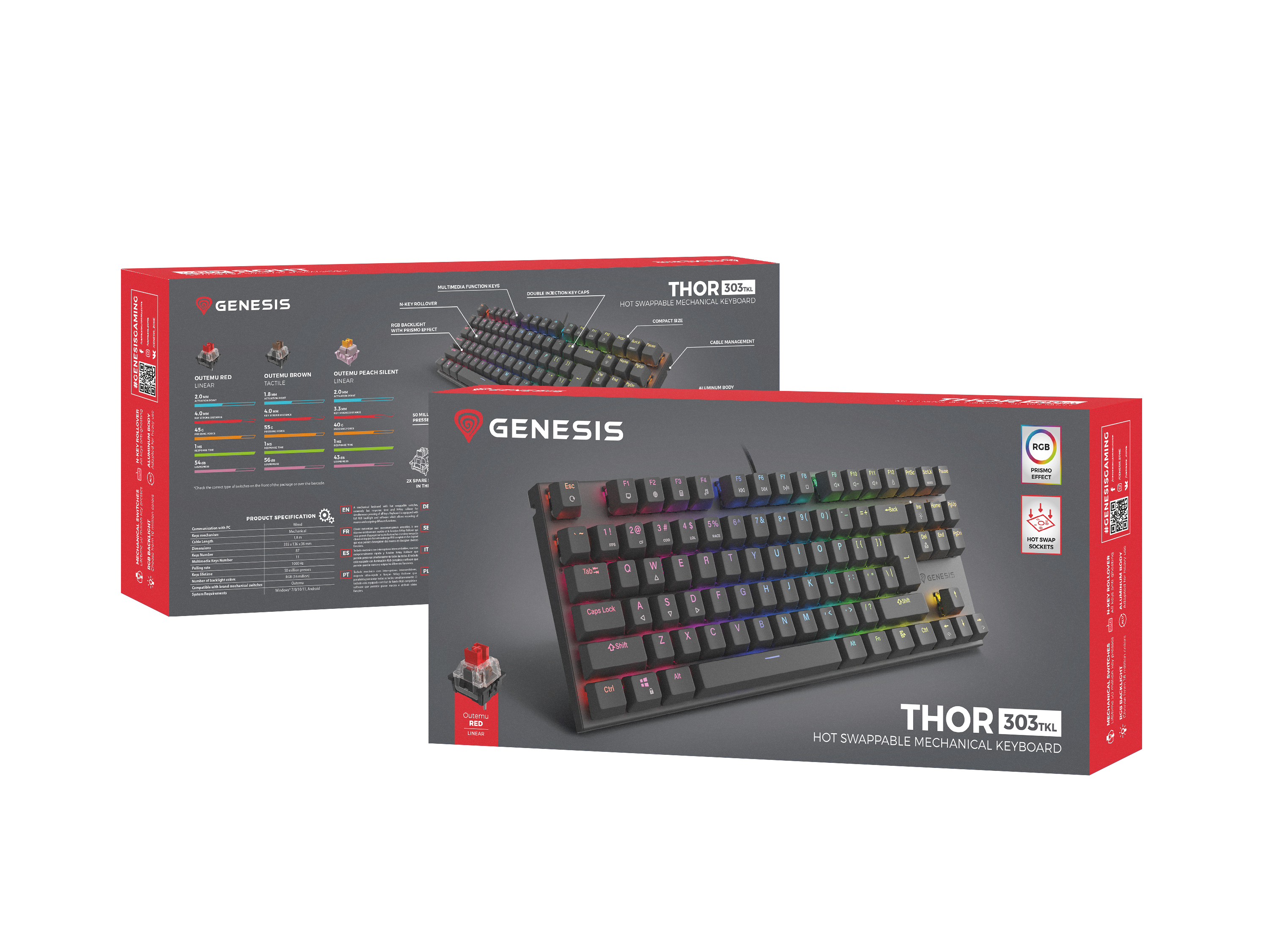 Genesis Gaming Keyboard Genesis Thor 303 TKL Black Us Layout RGB Backlight Mechanical Red Switch Hot Swap